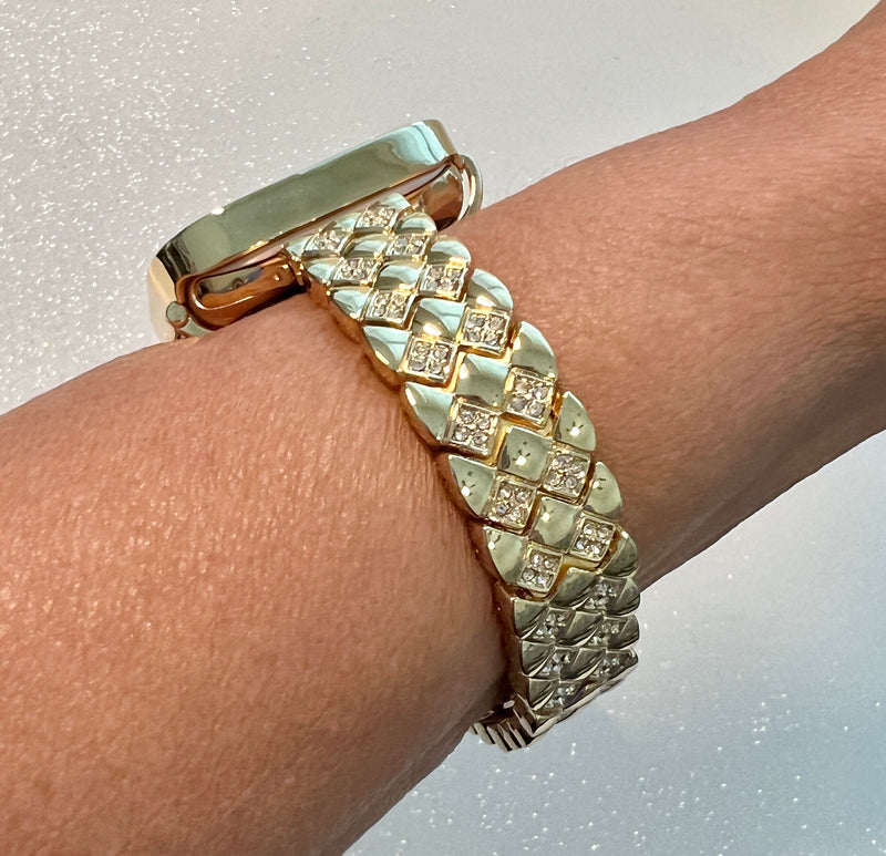 Yellow Gold Apple Watch Band Womens Swarovski Crystal Bracelet & or Apple Watch Case Baguette Lab Diamond Bumper Cover Iwatch Candy Bling