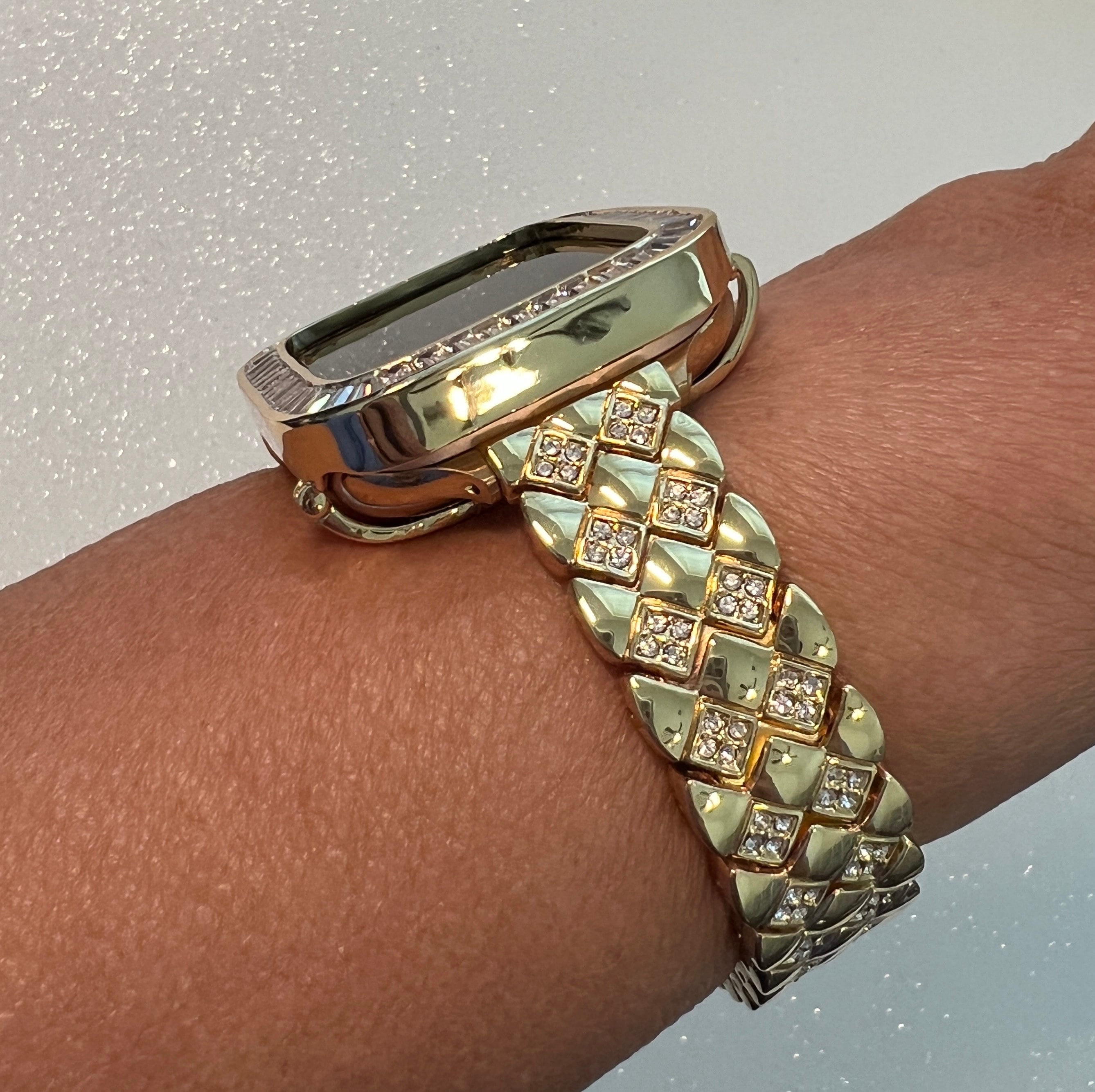 Yellow Gold Apple Watch Band Womens Swarovski Crystal Bracelet & or Apple Watch Case Baguette Lab Diamond Bumper Cover Iwatch Candy Bling