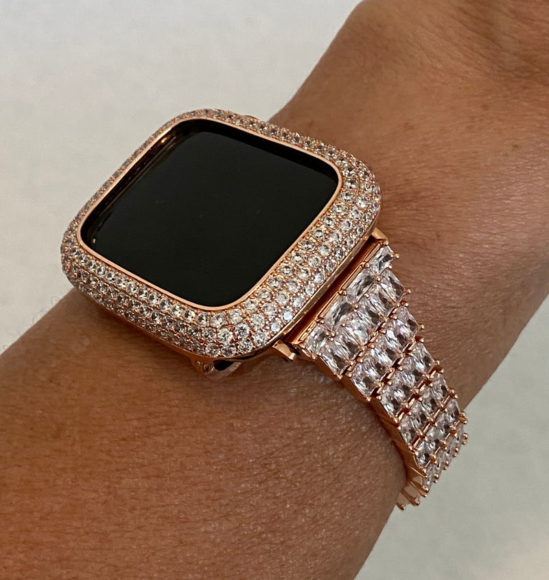 Custom Made Series 1-8 Apple Watch Band 41mm 45mm Swarovski Crystal & or Iwatch Lab Diamond Bezel Bumper Cover Rose Gold