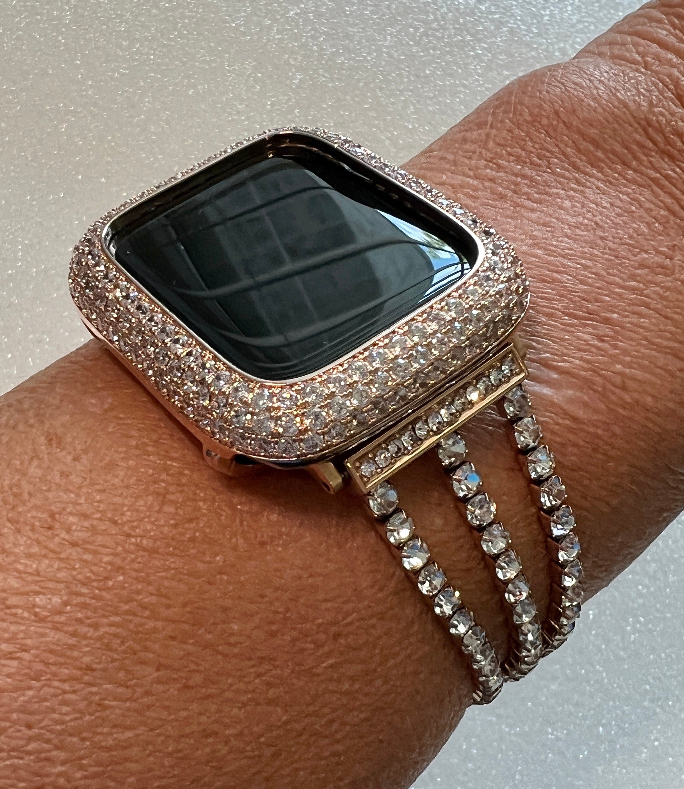 Rose Gold Apple Watch Band Womens 41mm 45mm 49mm Ultra Swarovski Crystals & or Apple Watch Cover Lab Diamonds 40mm 44mm Iwatch Candy dy