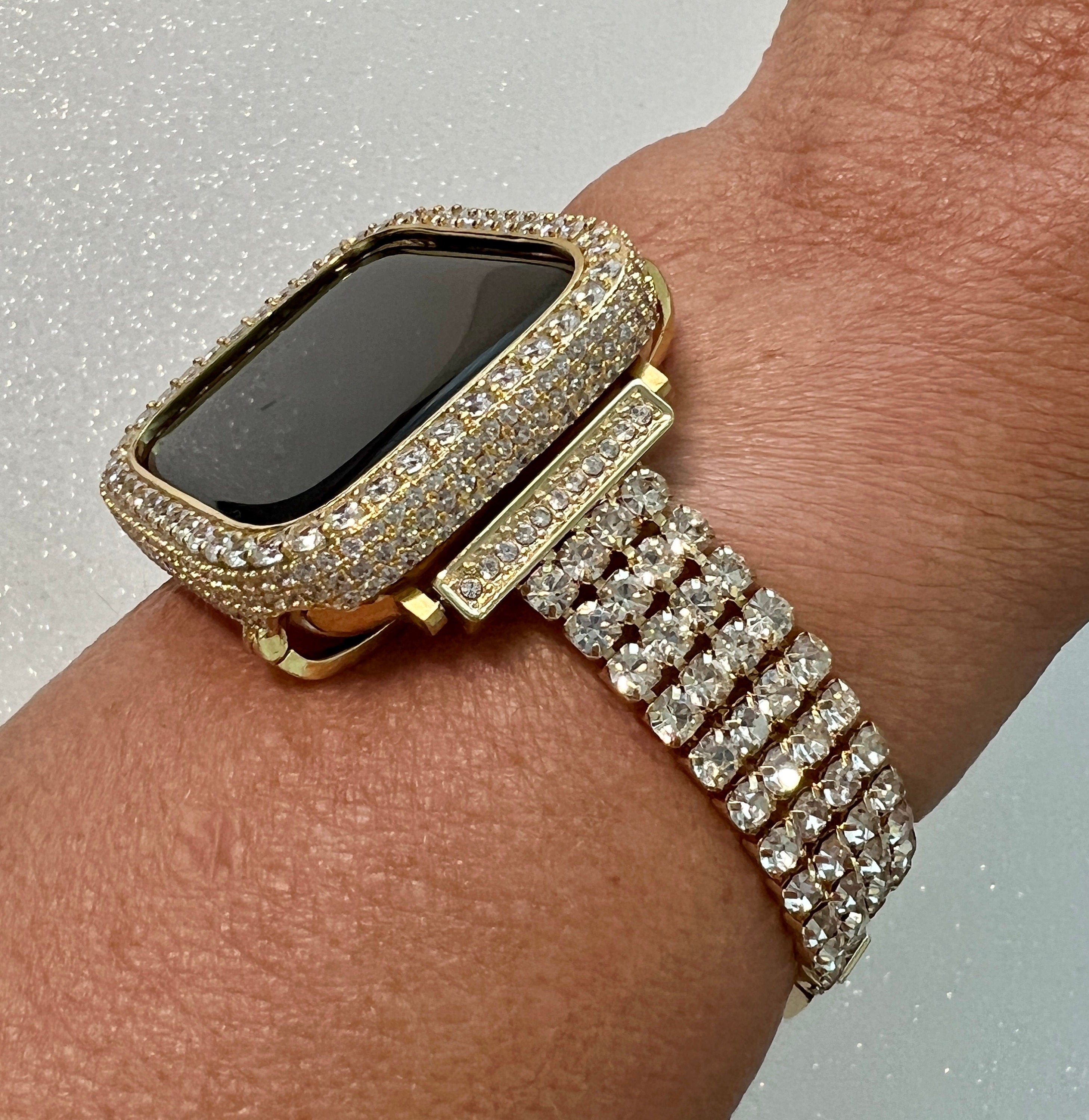 Womens Apple Watch Band Gold Crystal 38 40 41 42 44 45 49mm Ultra & or Apple Watch Cover Lab Diamond Bezel Apple Watch Case Bling