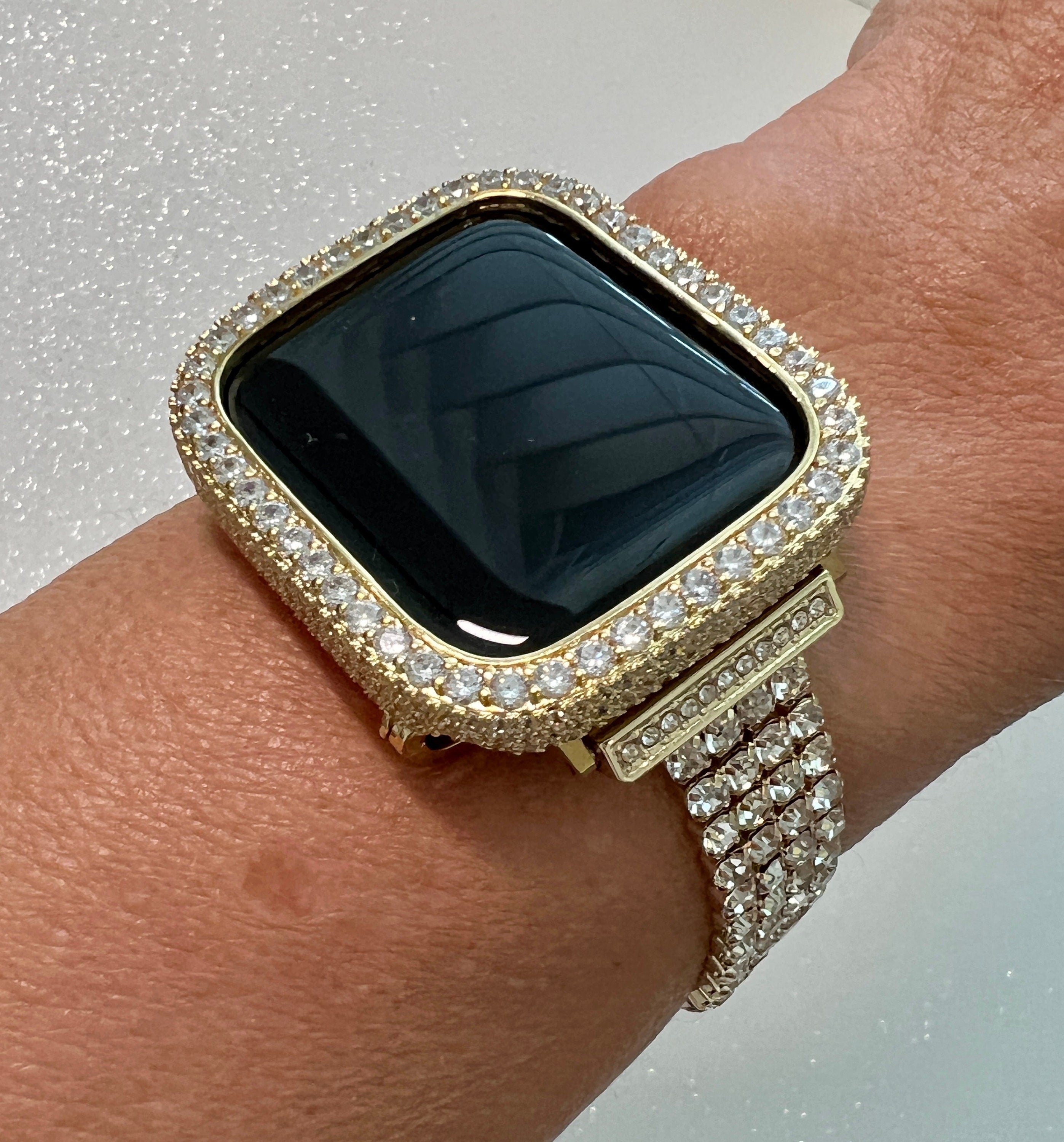 Womens Apple Watch Band Gold Swarovski Crystals & or Apple Watch Cover Lab Diamond Bezel Protective Iphone Watch Case 38mm-49mm Ultra