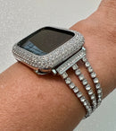 Apple Watch Band Womens 41mm 45mm Silver Crystal & or Apple Watch Case Pave Lab Diamonds Iwatch Candy Bumper Bling 38-49mm Ultra