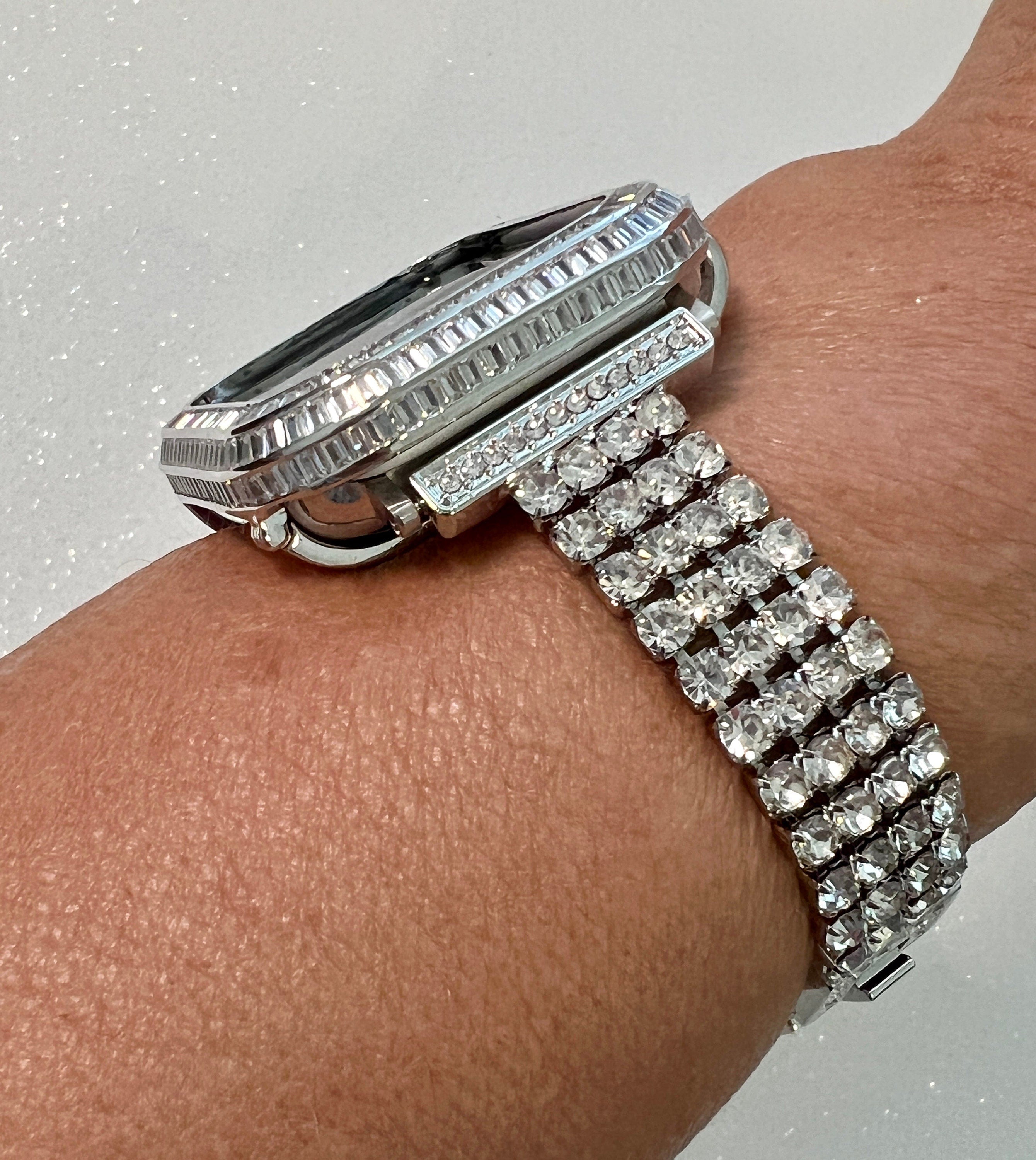 Silver Apple Watch Band Bracelet Women SwarovskiCrystals & or Apple Watch Bezel Lab Diamond Baguette Iwatch Case 40mm 41mm 44mm 45mm Bling