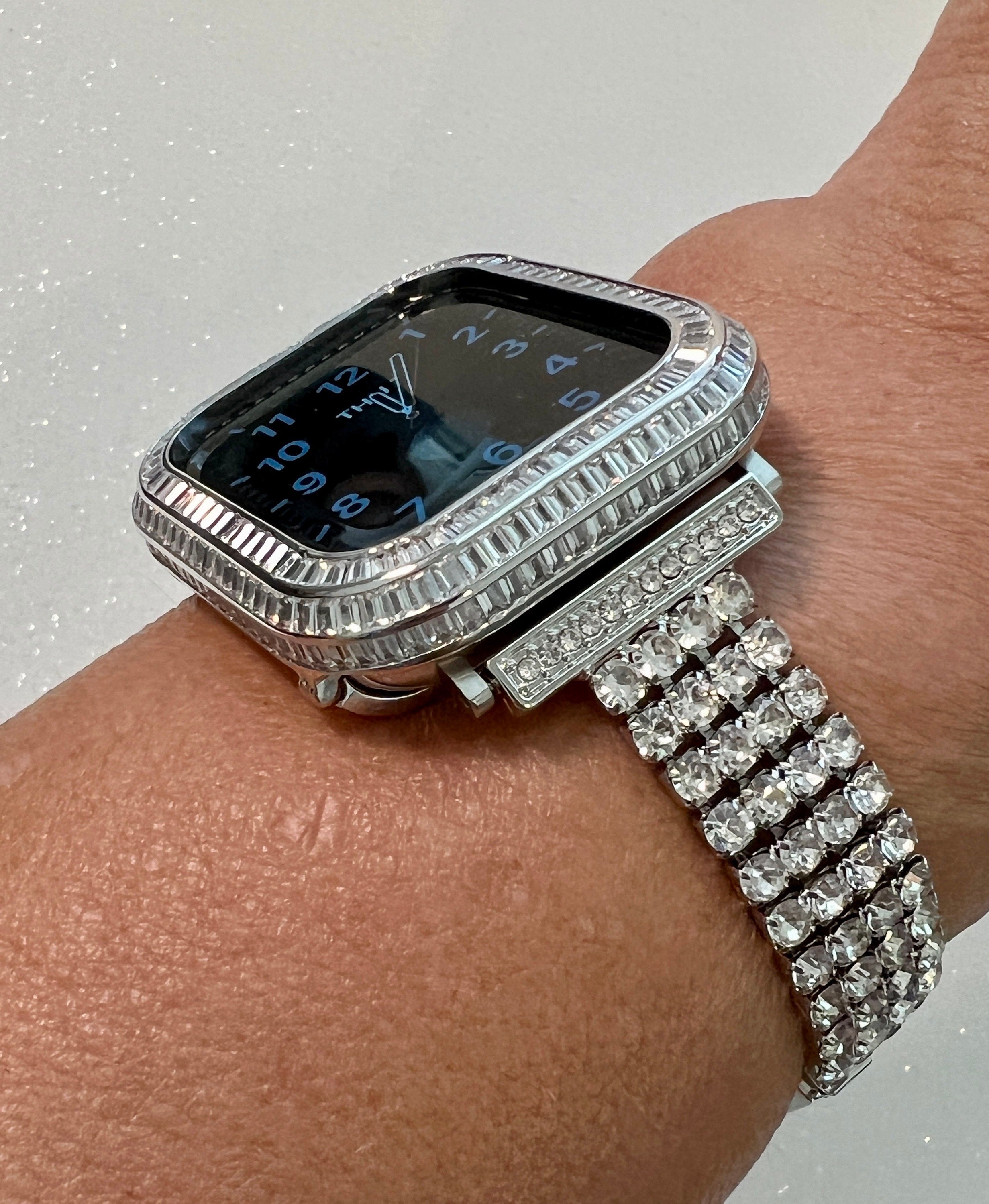 Silver Apple Watch Band Bracelet Women SwarovskiCrystals & or Apple Watch Bezel Lab Diamond Baguette Iwatch Case 40mm 41mm 44mm 45mm Bling