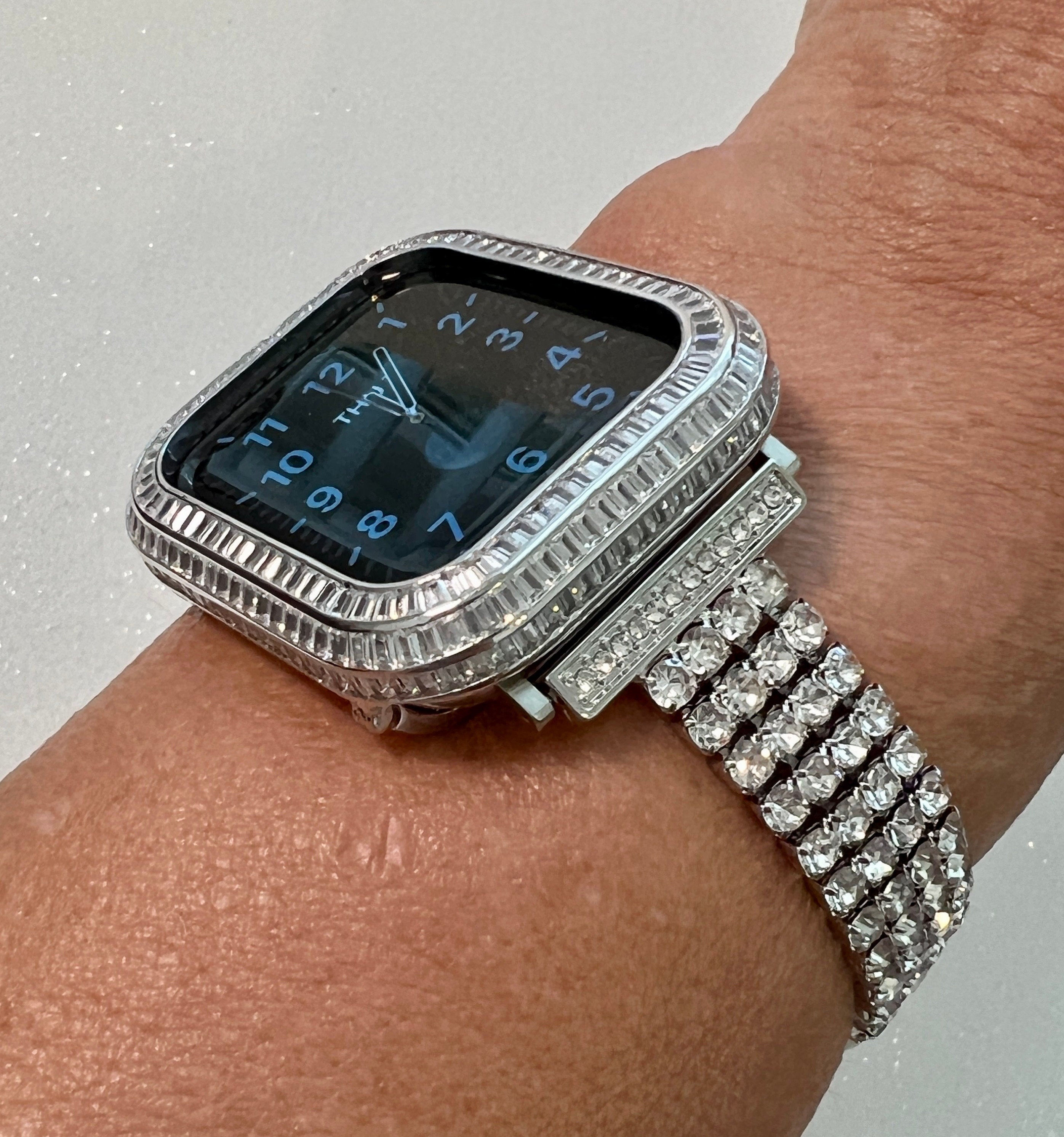 Silver Apple Watch Band Bracelet Women SwarovskiCrystals & or Apple Watch Bezel Lab Diamond Baguette Iwatch Case 40mm 41mm 44mm 45mm Bling