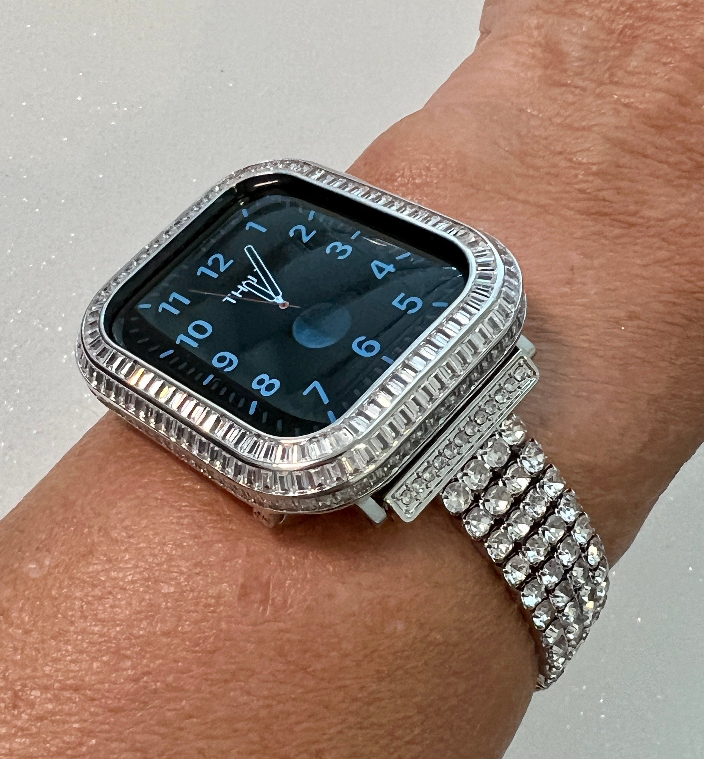 Silver Apple Watch Band Bracelet Women SwarovskiCrystals & or Apple Watch Bezel Lab Diamond Baguette Iwatch Case 40mm 41mm 44mm 45mm Bling