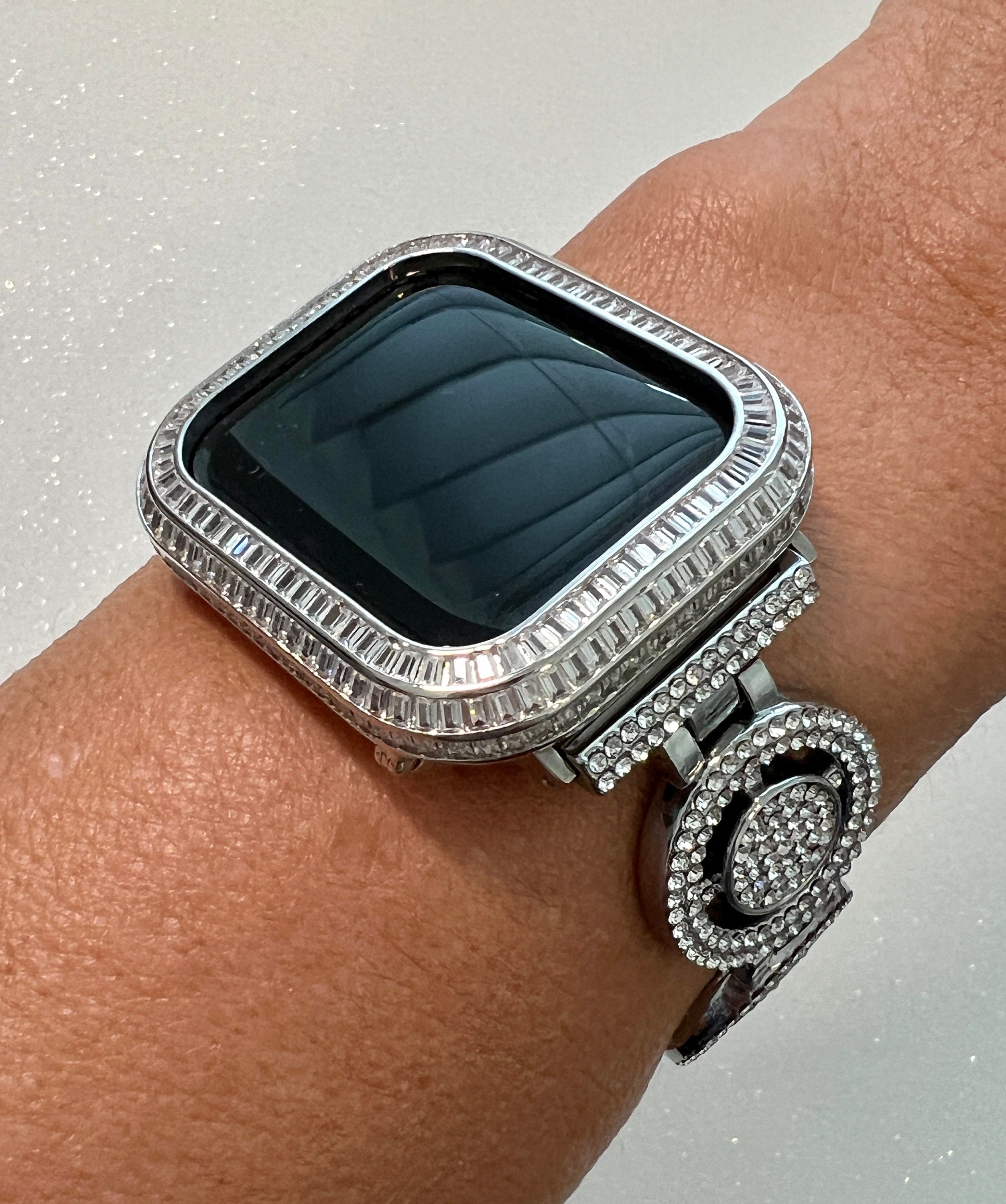 Custom Apple Watch Band Womens Silver Pave Swarovski Swarovski Crystal& or Apple Watch Cover Baguette Lab Diamond Bezel Bling Iwatch Candy