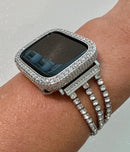 Designer Apple Watch Band Womens Silver Crystal Bracelet & or Apple Watch Case Pave Lab Diamonds Iwatch Candy Bumper Bling 38-49mm