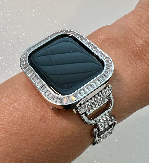 Apple Watch Band Women Silver Link Bracelet with Crystals & or Apple Watch Cover Baguettes Lab Diamond Iwatch Candy Bling 38-49mm
