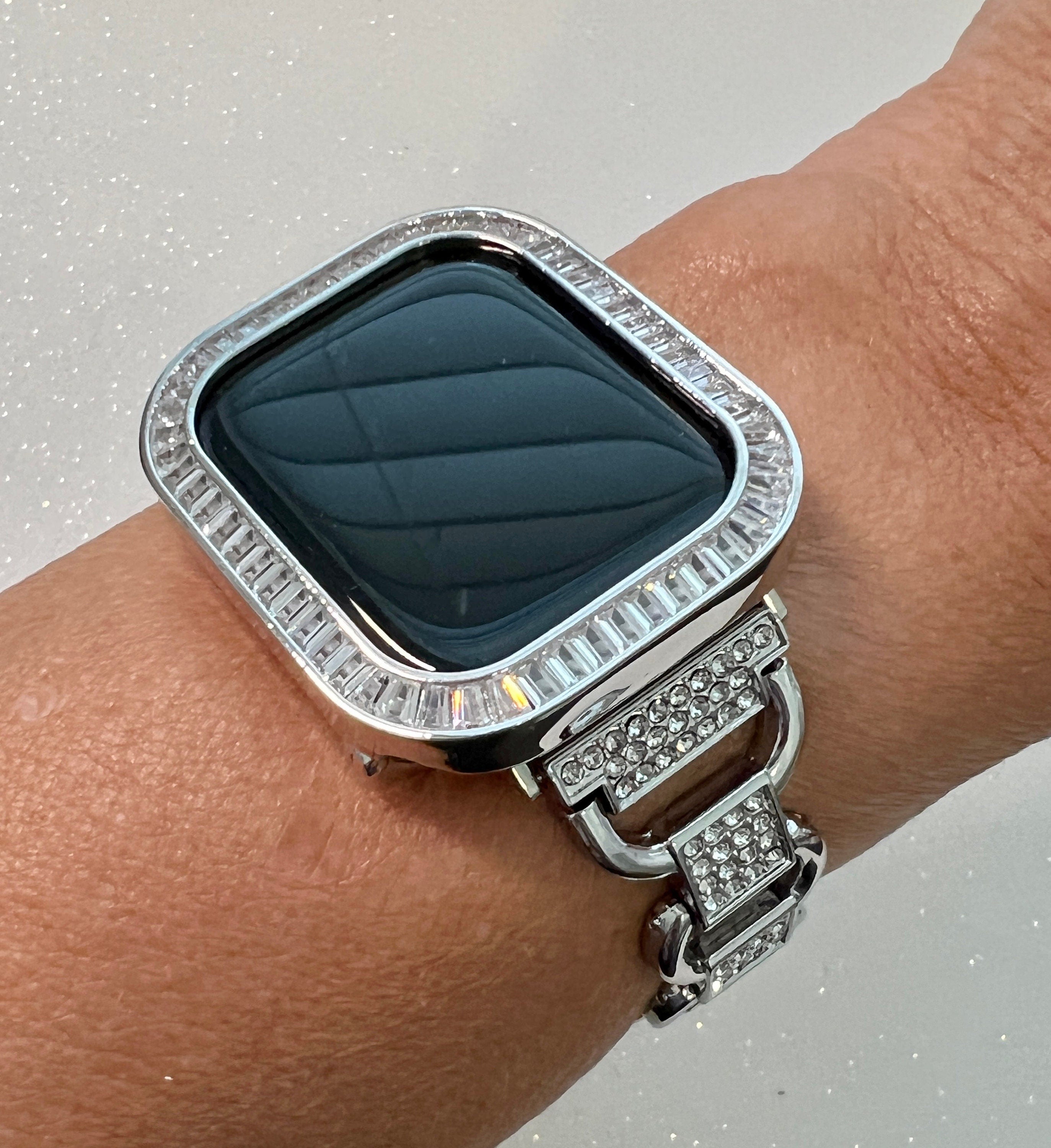 Apple Watch Band Women Silver Link Bracelet with Crystals & or Apple Watch Cover Baguettes Lab Diamond Iwatch Candy Bling 38-49mm