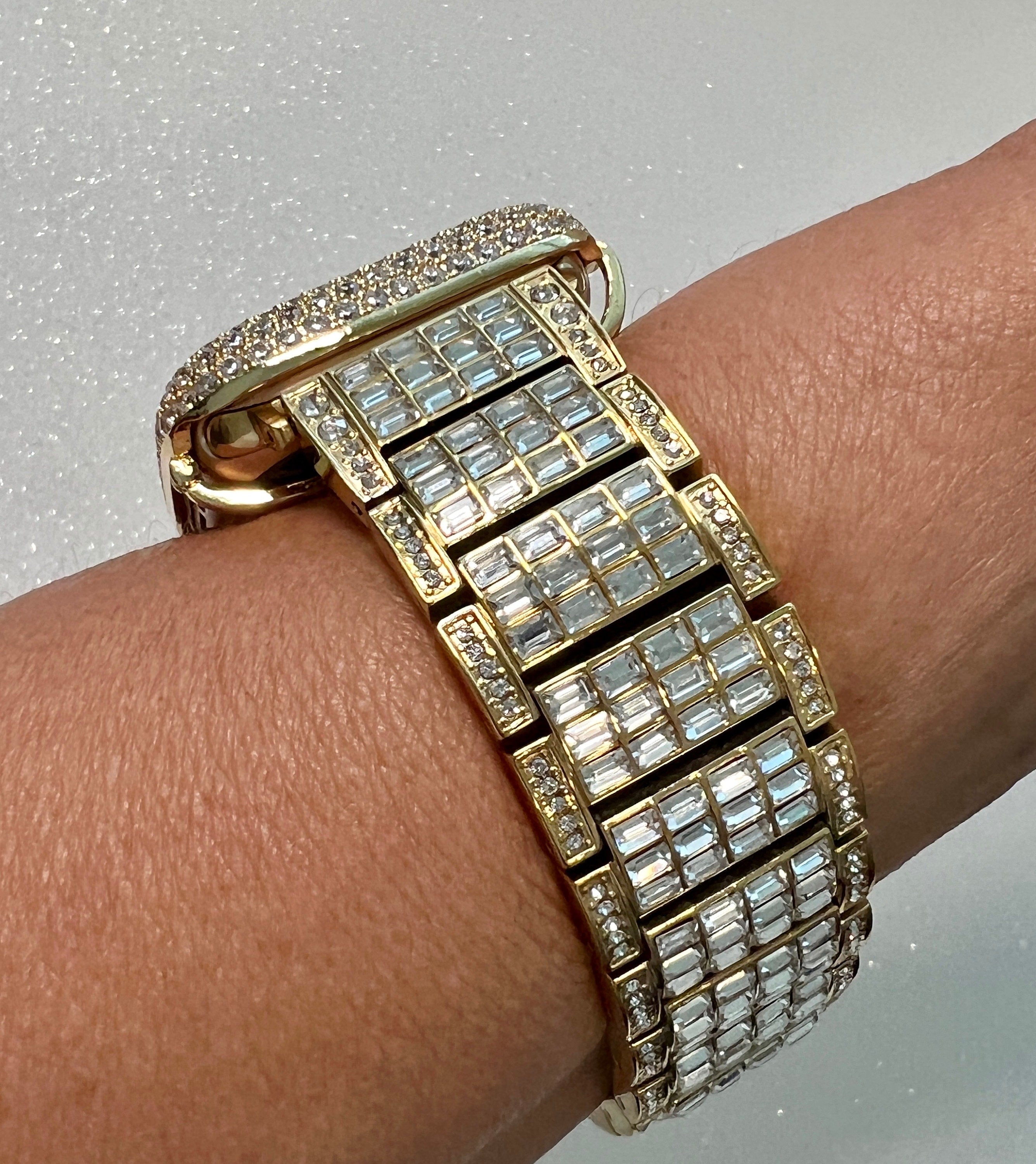 Apple Watch Band Yellow Gold Baguette Swarovski Crystals & or Apple Watch Cover Pave Lab Diamond Bezel 38mm-49mm Ultra Iwatch Candy Bling