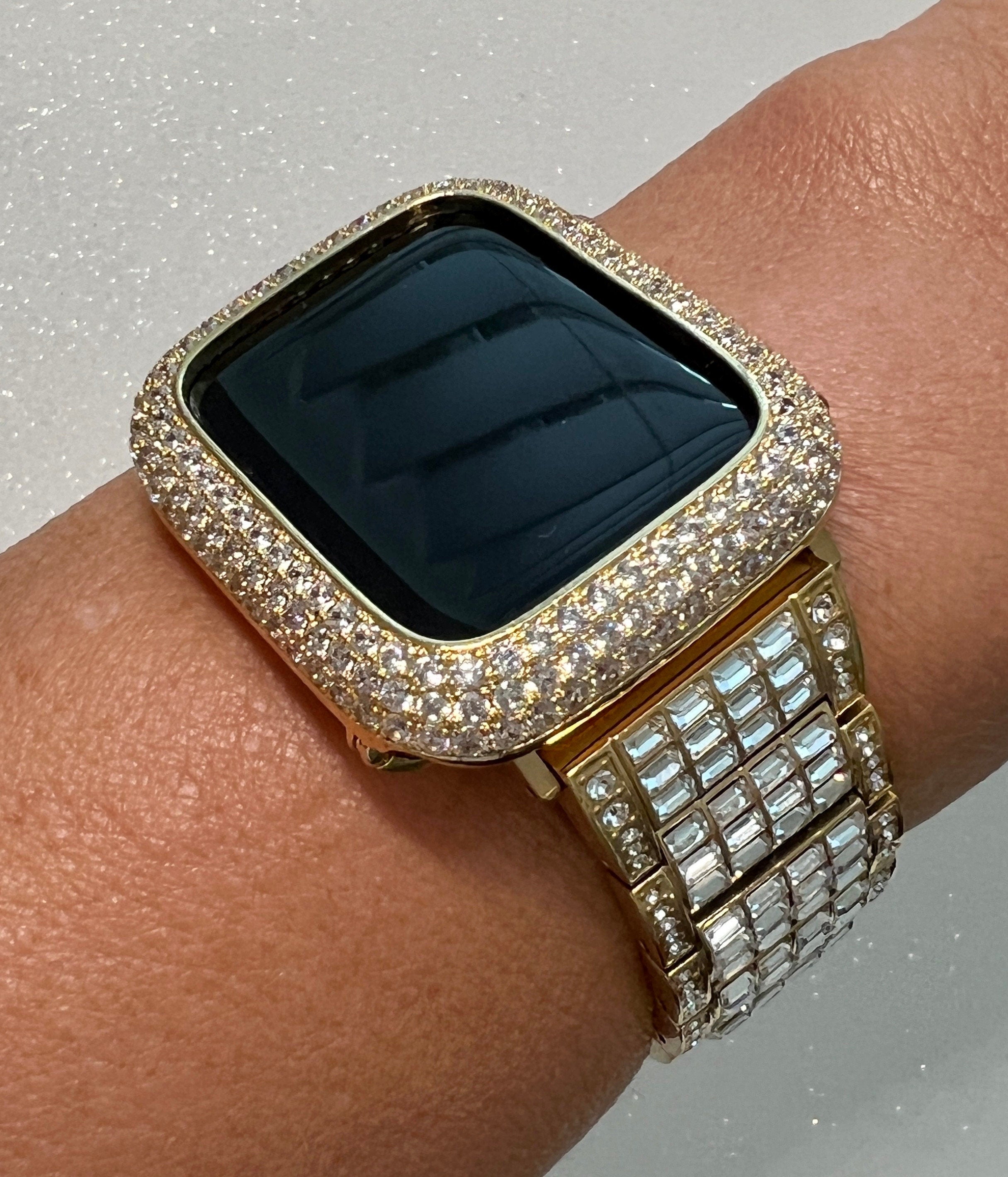 Mens Apple Watch Band Women Gold Crystals & or Apple Watch Cover Pave Lab Diamond Bezel 38mm-49mm Ultra Iwatch Candy Bling