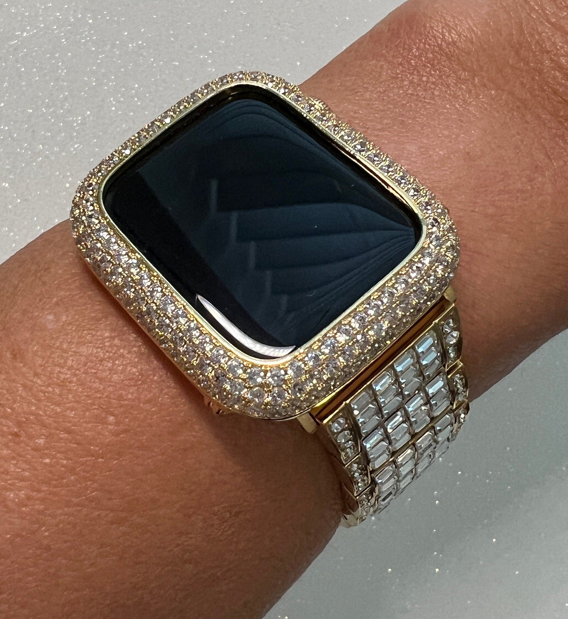 Apple Watch Band Yellow Gold Baguette Swarovski Crystals & or Apple Watch Cover Pave Lab Diamond Bezel 38mm-49mm Ultra Iwatch Candy Bling