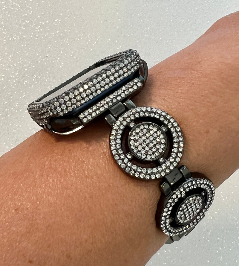 Apple Watch Band Womens Black Pave Crystals & or Apple Watch Cover Lab Diamonds Smartwatch Apple Watch Case Bling Iphone Watch