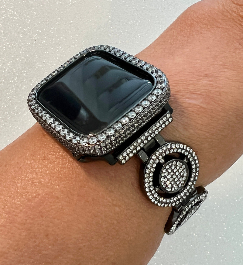 Apple Watch Band Womens Black Pave Crystals & or Apple Watch Cover Lab Diamonds Smartwatch Apple Watch Case Bling Iphone Watch