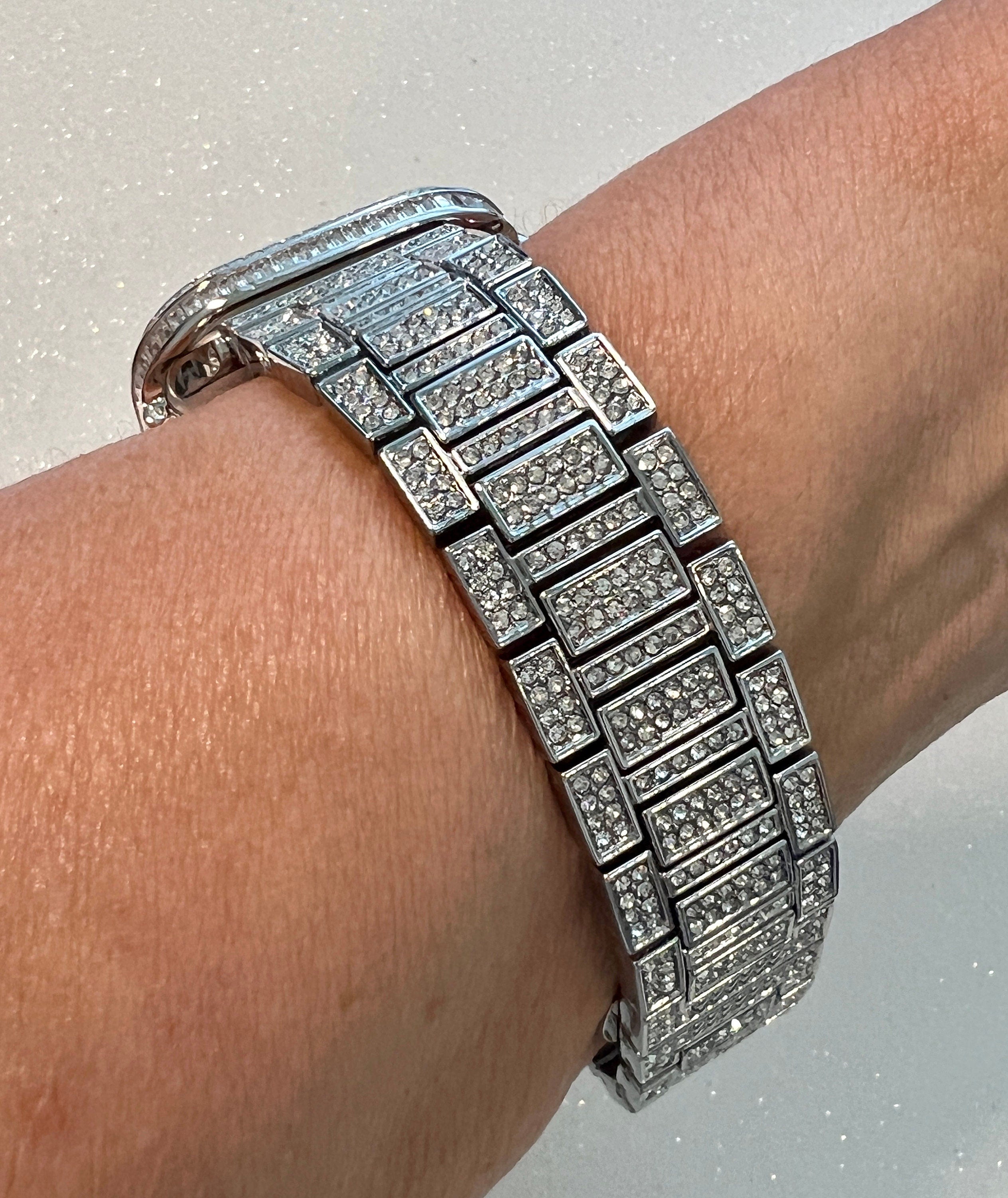 Luxury Apple Watch Band Silver Pave Swarovski Crystal & or Apple Watch Case Baguette Lab Diamond Bezel Cover Iwatch Candy Bling Iphone Watch