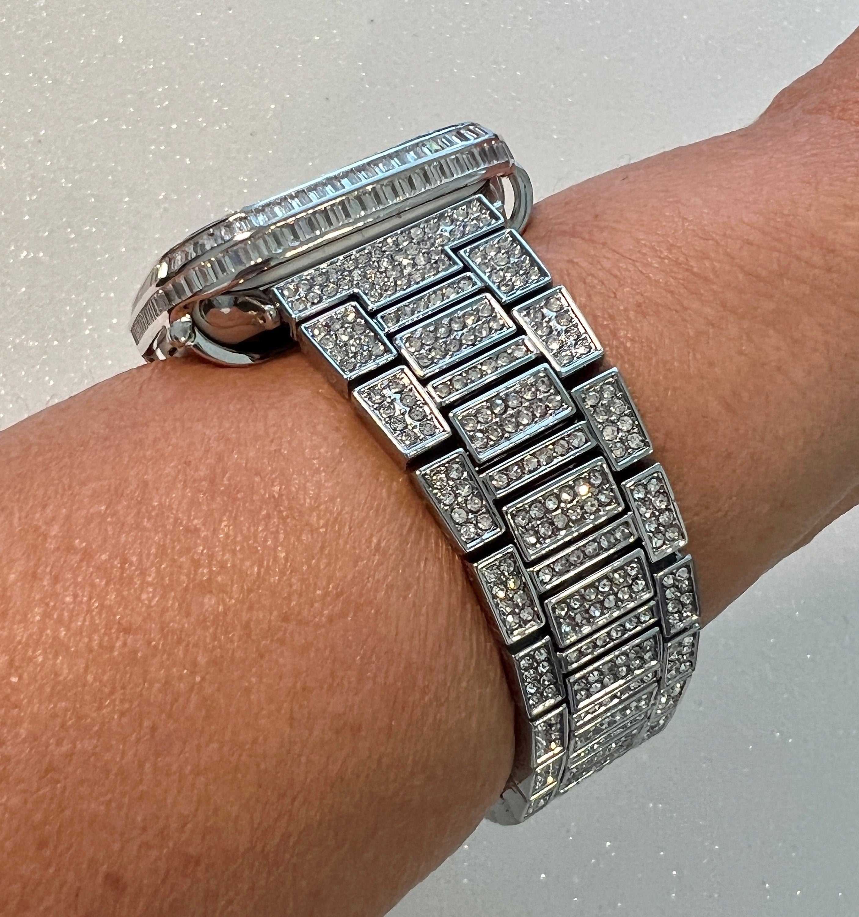 Luxury Apple Watch Band Silver Pave Swarovski Crystal & or Apple Watch Case Baguette Lab Diamond Bezel Cover Iwatch Candy Bling Iphone Watch