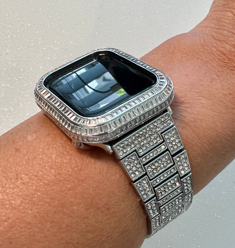 Luxury Apple Watch Band Silver Pave Crystals & or Apple Watch Case Baguette Lab Diamond Bezel Cover Iwatch Candy Bling, Iphone case