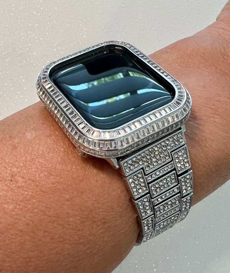 Luxury Apple Watch Band Silver Pave Crystals & or Apple Watch Case Baguette Lab Diamond Bezel Cover Iwatch Candy Bling, Iphone case