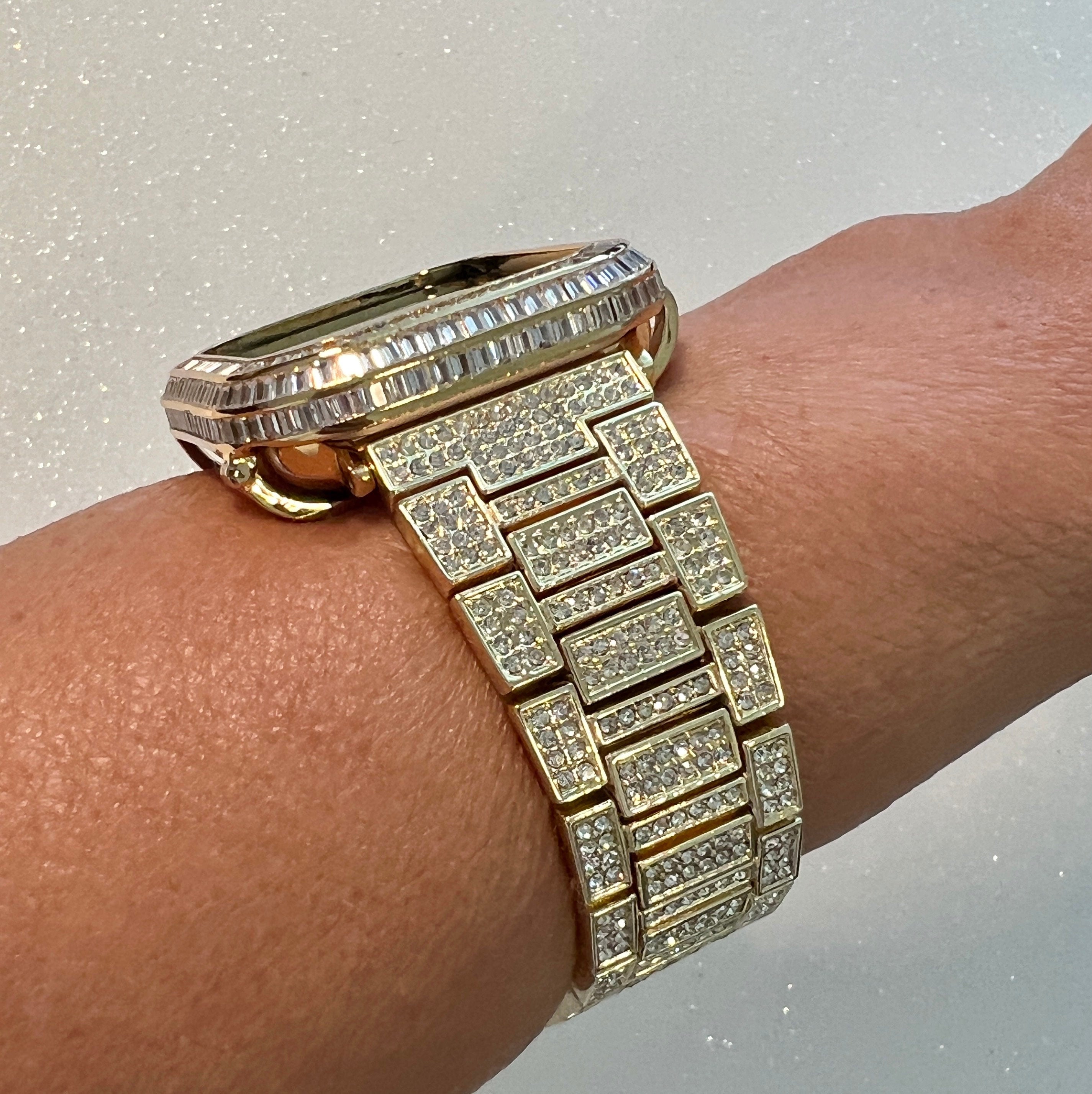 Luxury Apple Watch Band Yellow Gold Pave Swarovski Crystals & or Apple Watch Case Baguette Lab Diamond Bezel Cover Iwatch Candy Bling