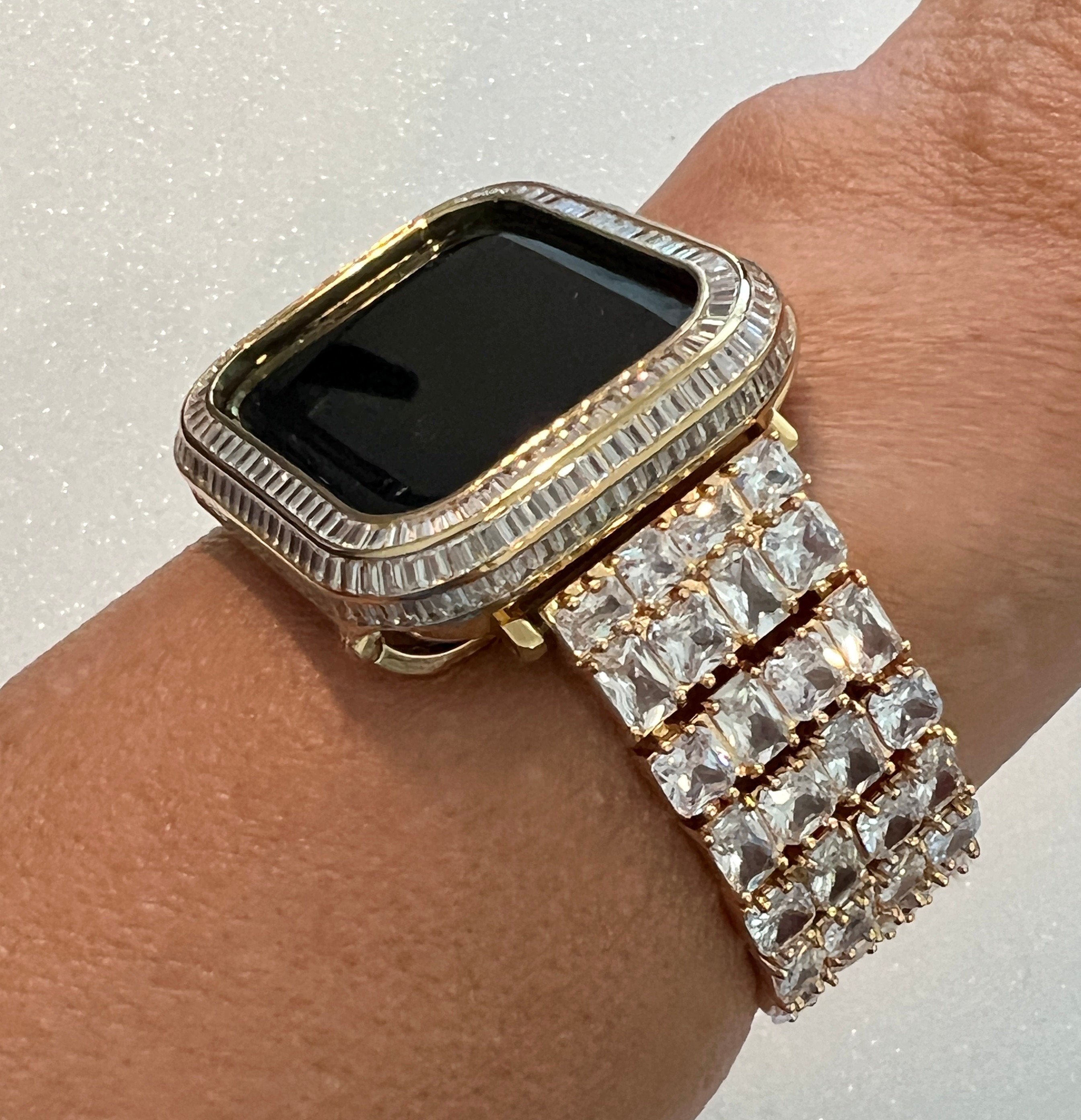 Yellow Gold Apple Watch Band Woman Baguette & Radiant Cut Crystals and or Designer Apple Watch Cover Lab Diamond Bezel 40mm-45mm