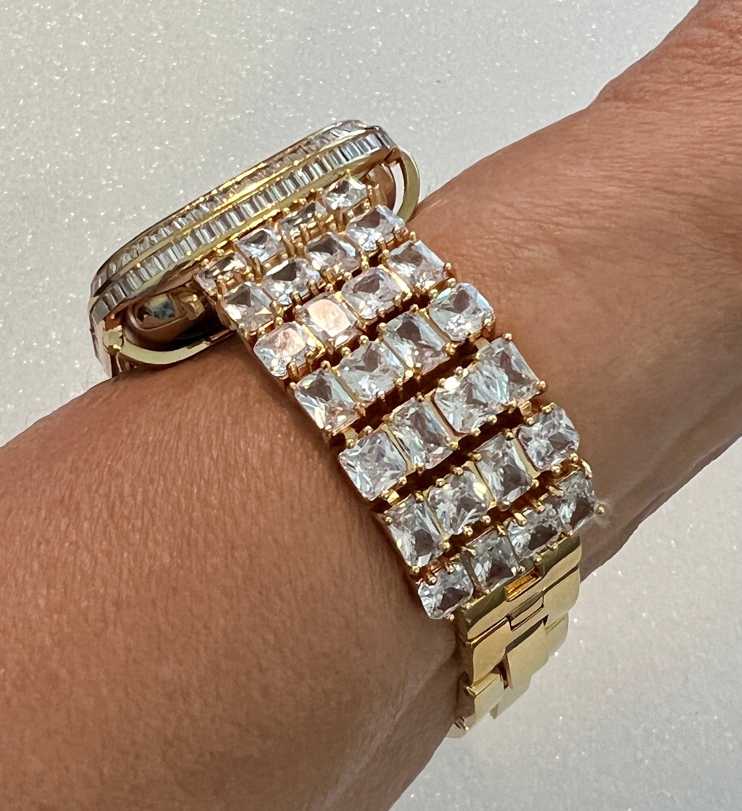 Yellow Gold Apple Watch Band Woman Baguette & Radiant Cut Crystals and or Designer Apple Watch Cover Lab Diamond Bezel 40mm-45mm