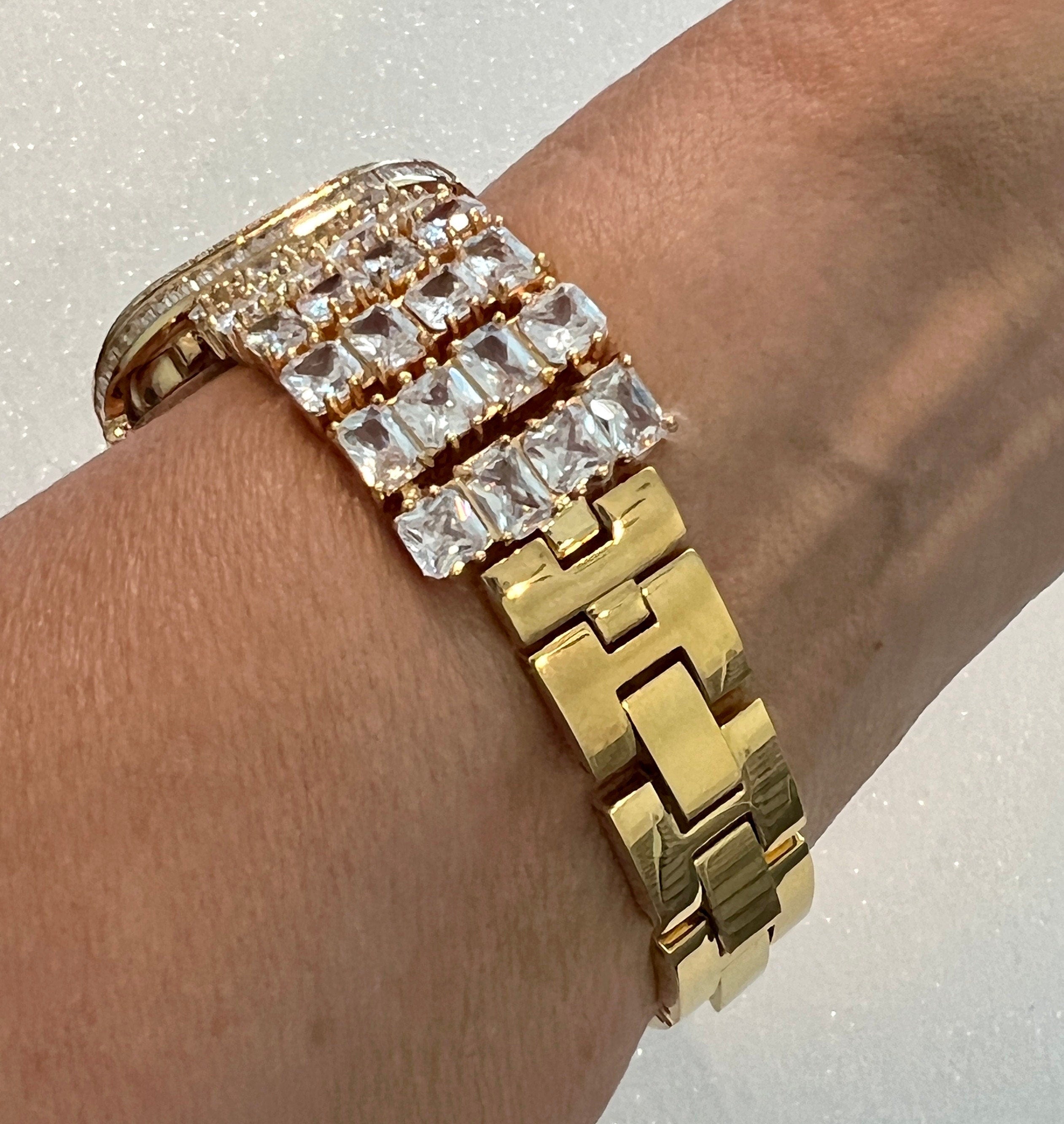 Yellow Gold Apple Watch Band Woman Baguette & Radiant Cut Crystals and or Designer Apple Watch Cover Lab Diamond Bezel 40mm-45mm