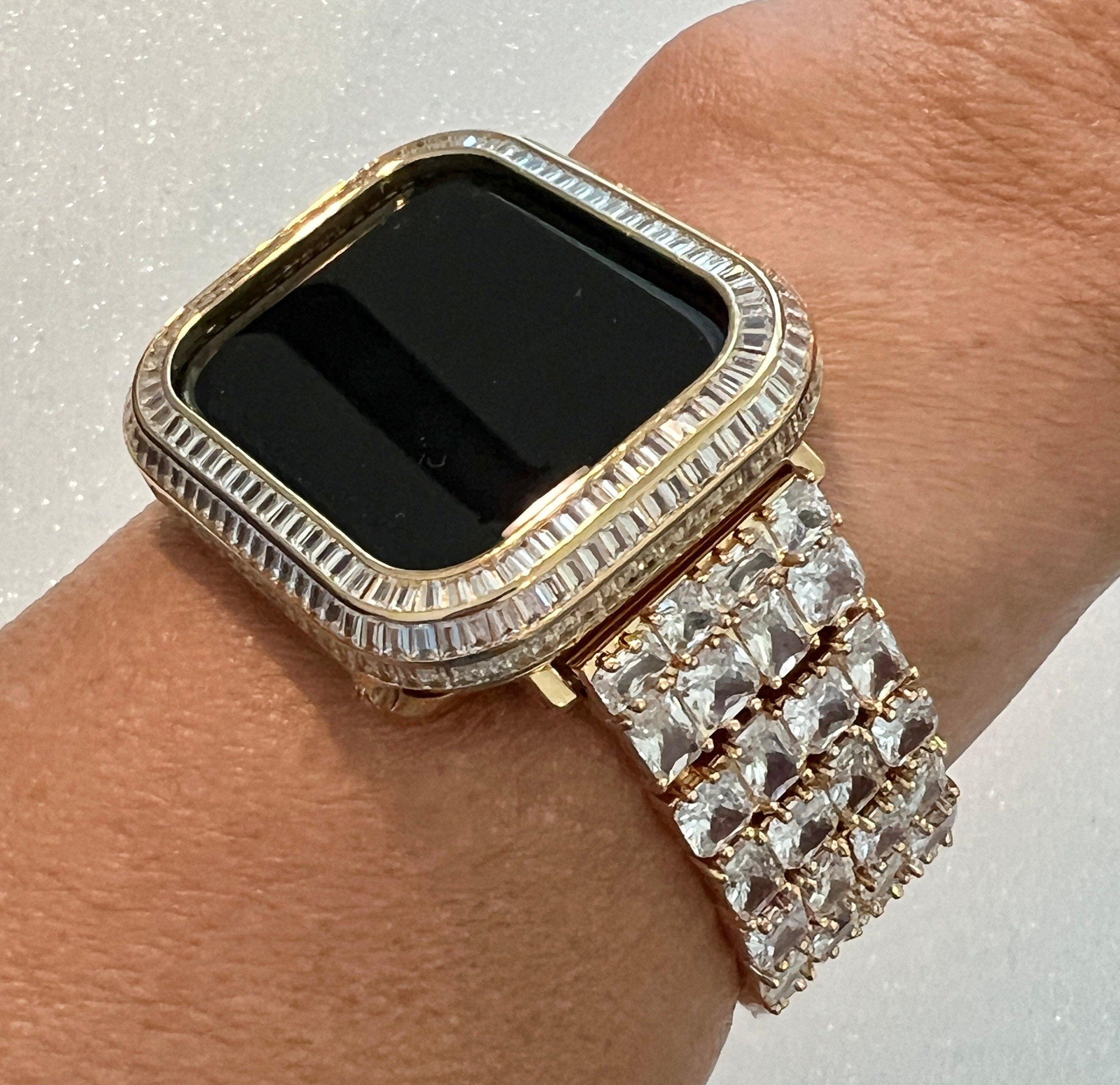 Yellow Gold Apple Watch Band Woman Baguette & Radiant Cut Crystals and or Designer Apple Watch Cover Lab Diamond Bezel 40mm-45mm