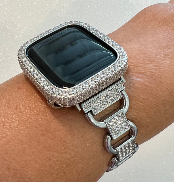 Luxury Womens Silver Apple Watch Band with Swarovski Crystals or Apple Watch Case Protective Bumper with Lab Diamonds from Iwatch Watch Candy Bling