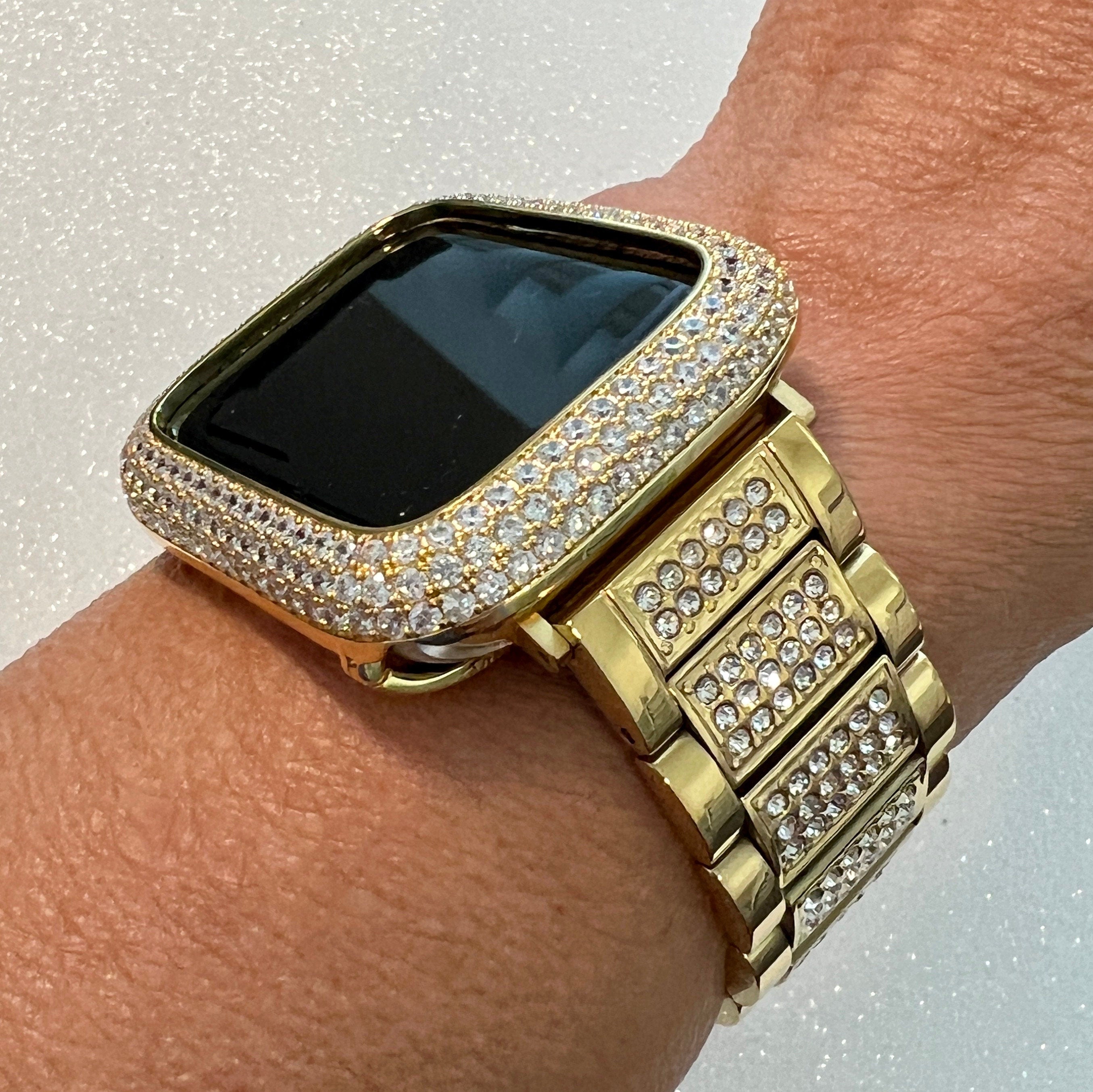 High End Apple Watch Band Women Gold Swarovski Crystals 38mm 40mm 41mm 42mm 44mm 45mm 49mm Ultra & or Apple Watch Cover Lab Diamond Bezel