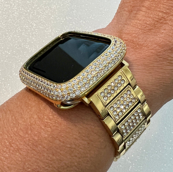 High End Apple Watch Band Women Gold 38mm 40mm 41mm 42mm 44mm 45mm 49mm Ultra Swarovski Crystals & or Apple Watch Cover Lab Diamond Bezel