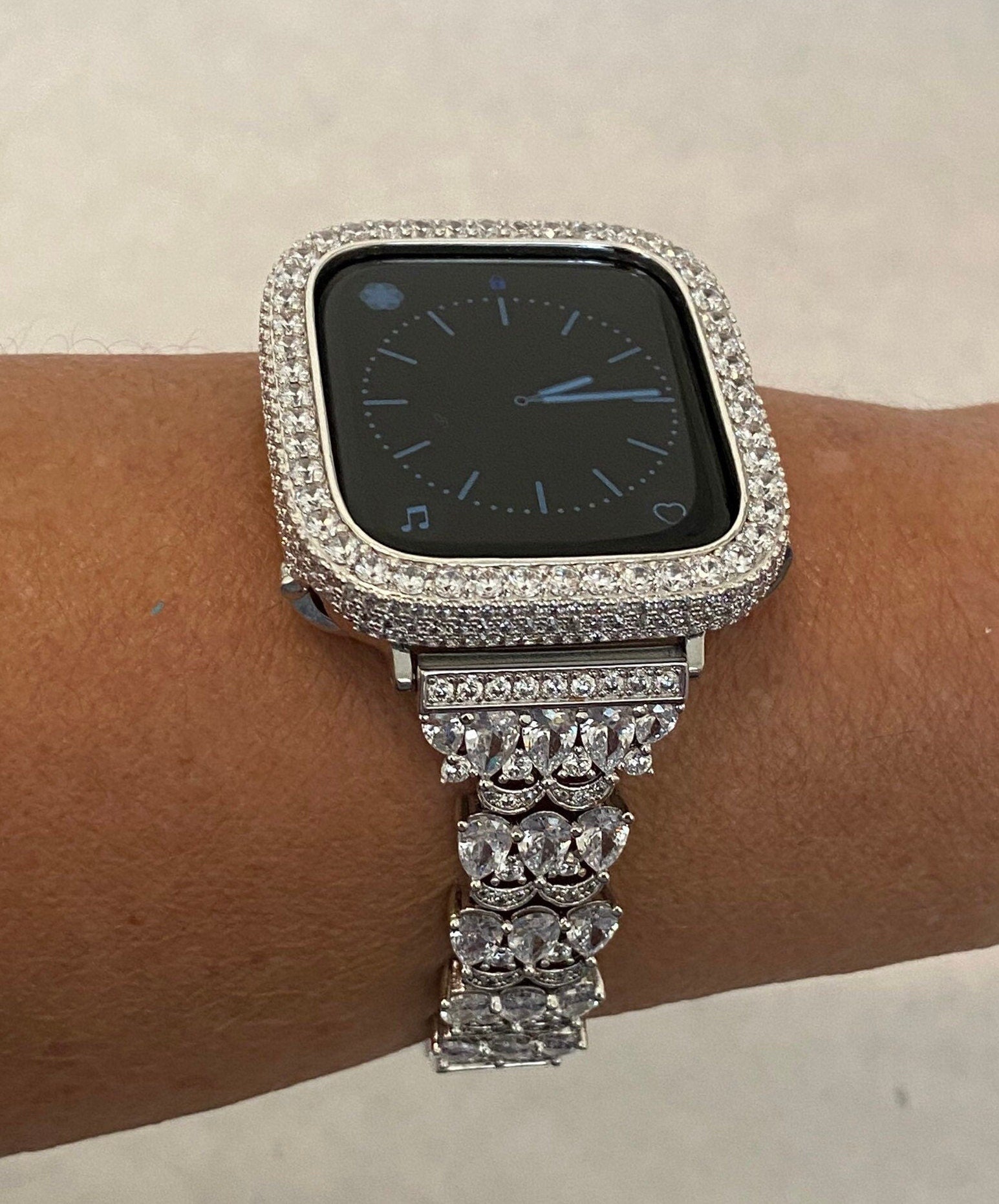 Apple Watch Band Silver Swarovski Crystals 38mm-49mm Ultra & or Apple Watch Cover Lab Diamond Bezel Smartwatch Bumper Bling Iphone Watch