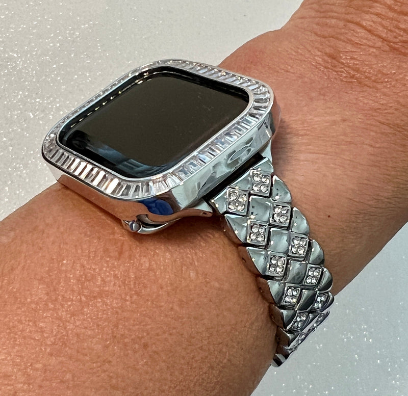 Custom Apple Watch Band Womens Silver Crystal & or Apple Watch Cover Lab Diamond Bezel Apple Watch Case Iwatch Candy Bling 38-45mm