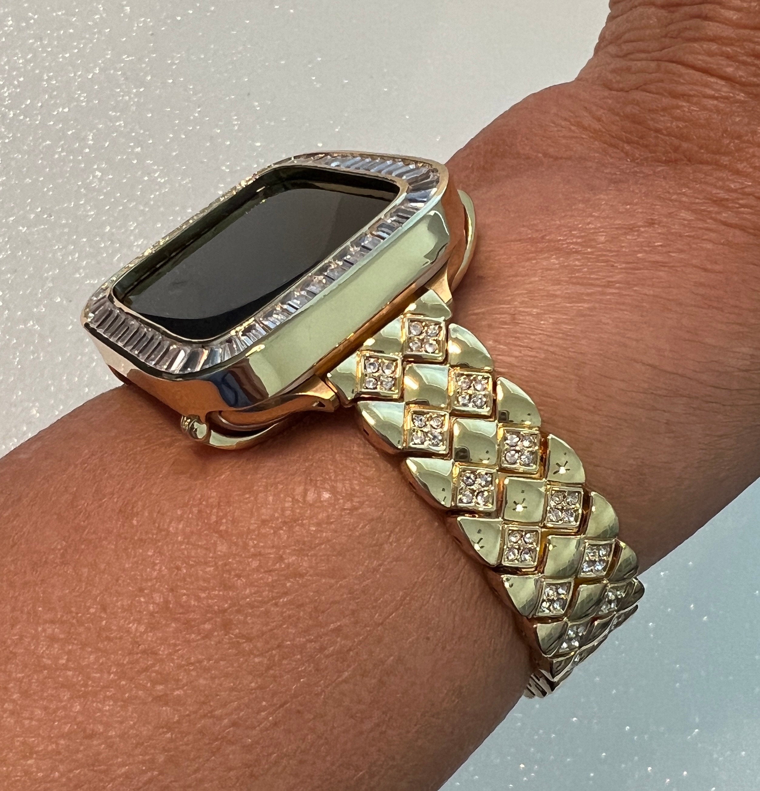 Yellow Gold Apple Watch Band Womens Swarovski Crystal Bracelet & or Apple Watch Case Baguette Lab Diamond Bumper Cover Iwatch Candy Bling