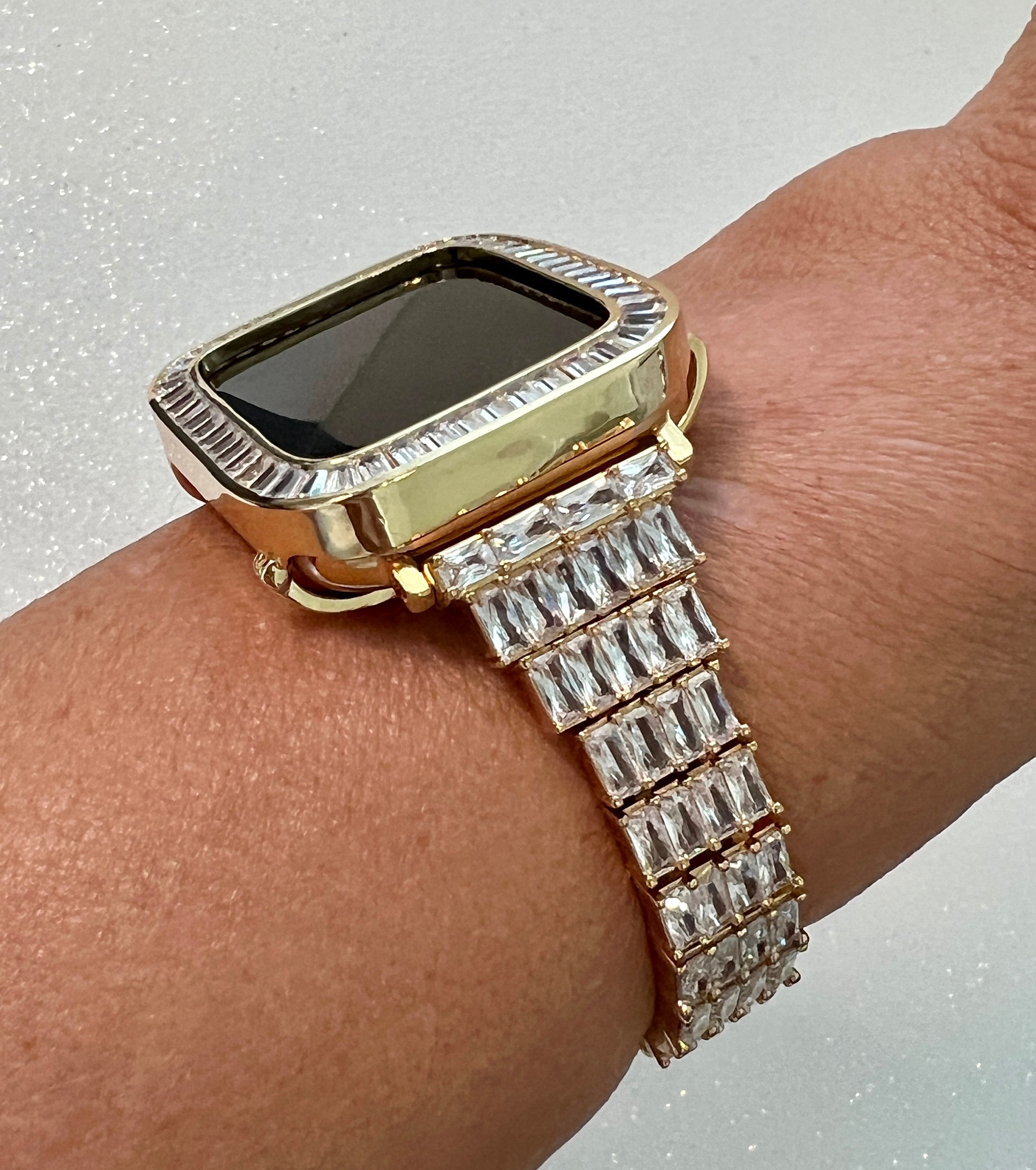 Custom Gold Apple Watch Band Woman Baguette Swarovski Crystals & or Apple Watch Cover Lab Diamond Bezel Case Iwatch Candy Bling 38mm-45mm