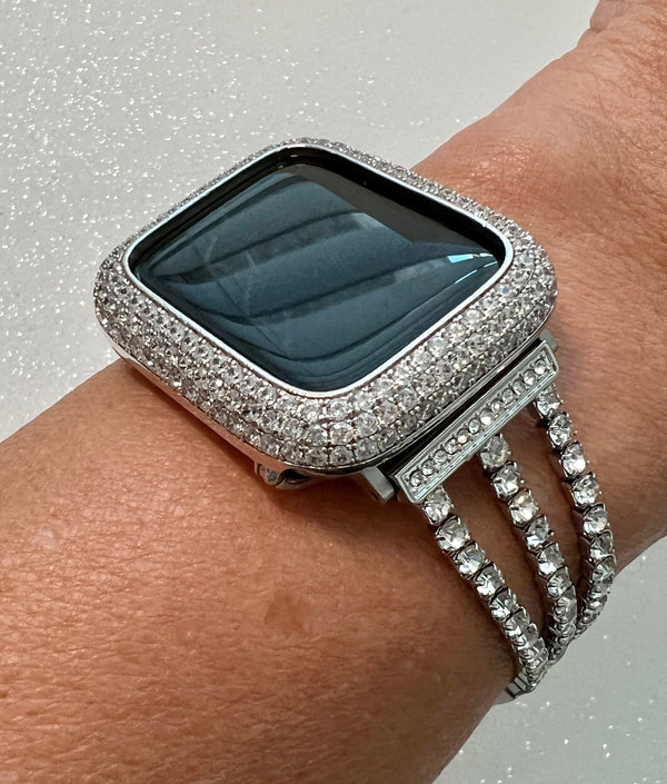 Apple Watch Band Womens 41mm 45mm Silver Crystal & or Apple Watch Case Pave Lab Diamonds Iwatch Candy Bumper Bling 38-49mm Ultra