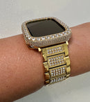 Gold Apple Watch Band Mens Women Stainless Steel Crystal & or Apple Watch Cover Large 3.5mm Lab Diamond Case Iwatch Candy Bling