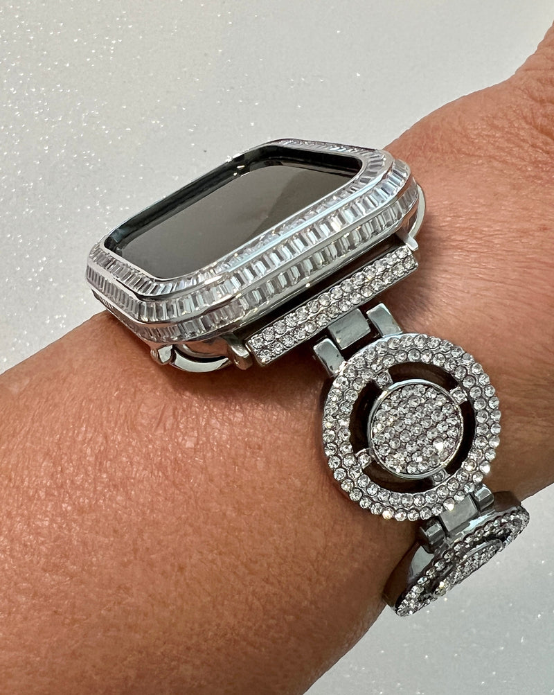 Custom Apple Watch Band Womens Silver Pave Crystals & or Apple Watch Cover Baguette Lab Diamond Bezel Bling Iwatch Candy