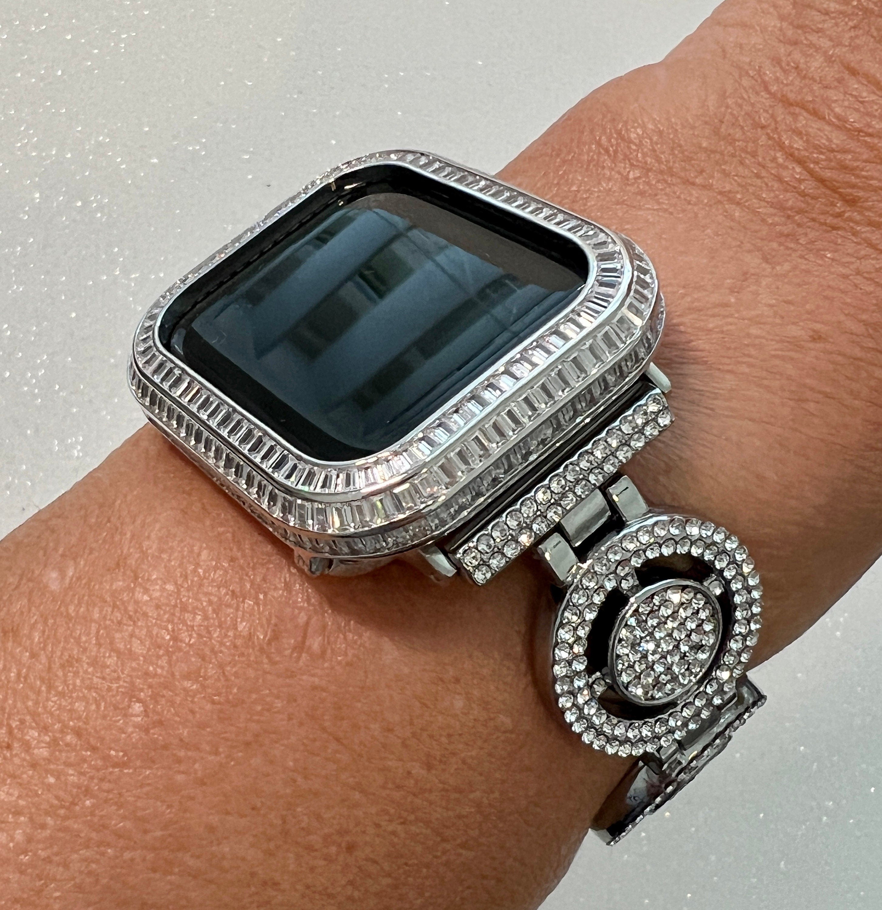 Custom Apple Watch Band Womens Silver Pave Swarovski Swarovski Crystal& or Apple Watch Cover Baguette Lab Diamond Bezel Bling Iwatch Candy