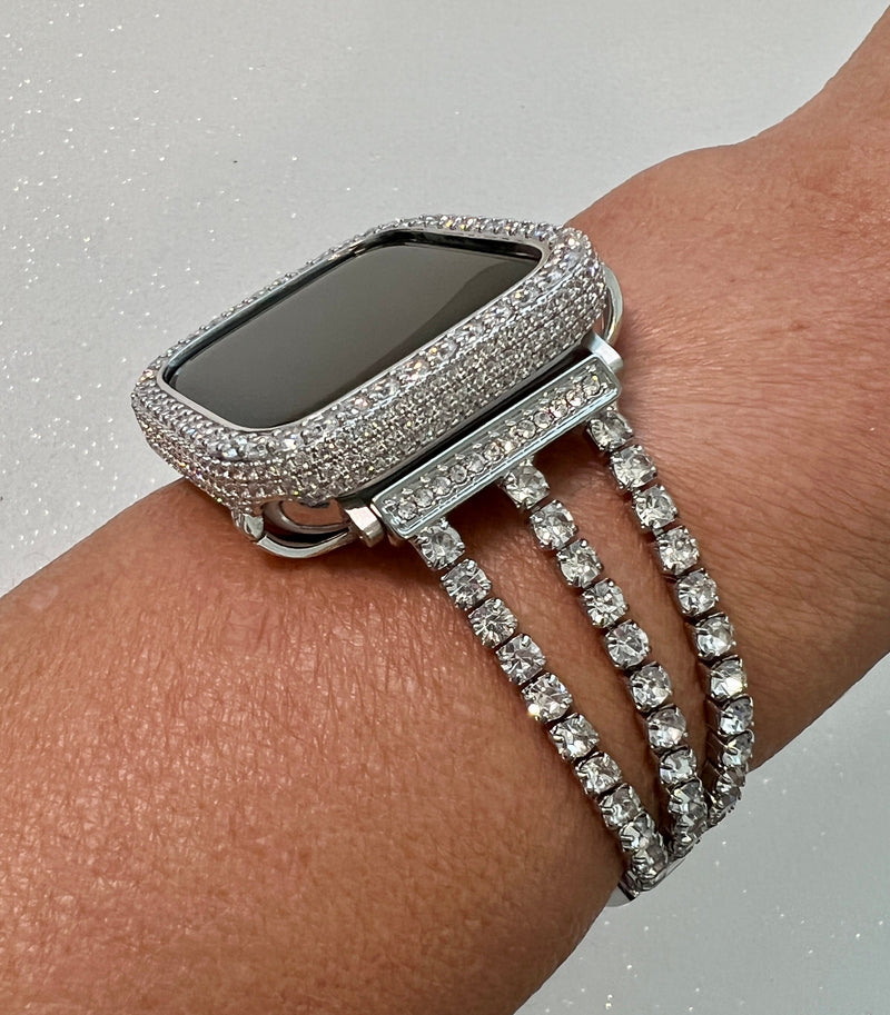 Designer Apple Watch Band Womens Silver Swarovski Crystal Bracelet & or Apple Watch Case Pave Lab Diamonds Iwatch Candy Bumper Bling 38-49mm