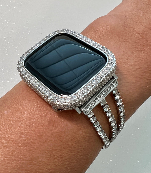 Custom Silver Apple Watch Band with 3 strands of Swarovski Crystal and or Apple Watch Cover with 2.5mm Lab Diamonds Protective Bumper case from Iwatch Candy in sizes 38mm to 49mm Ultra.