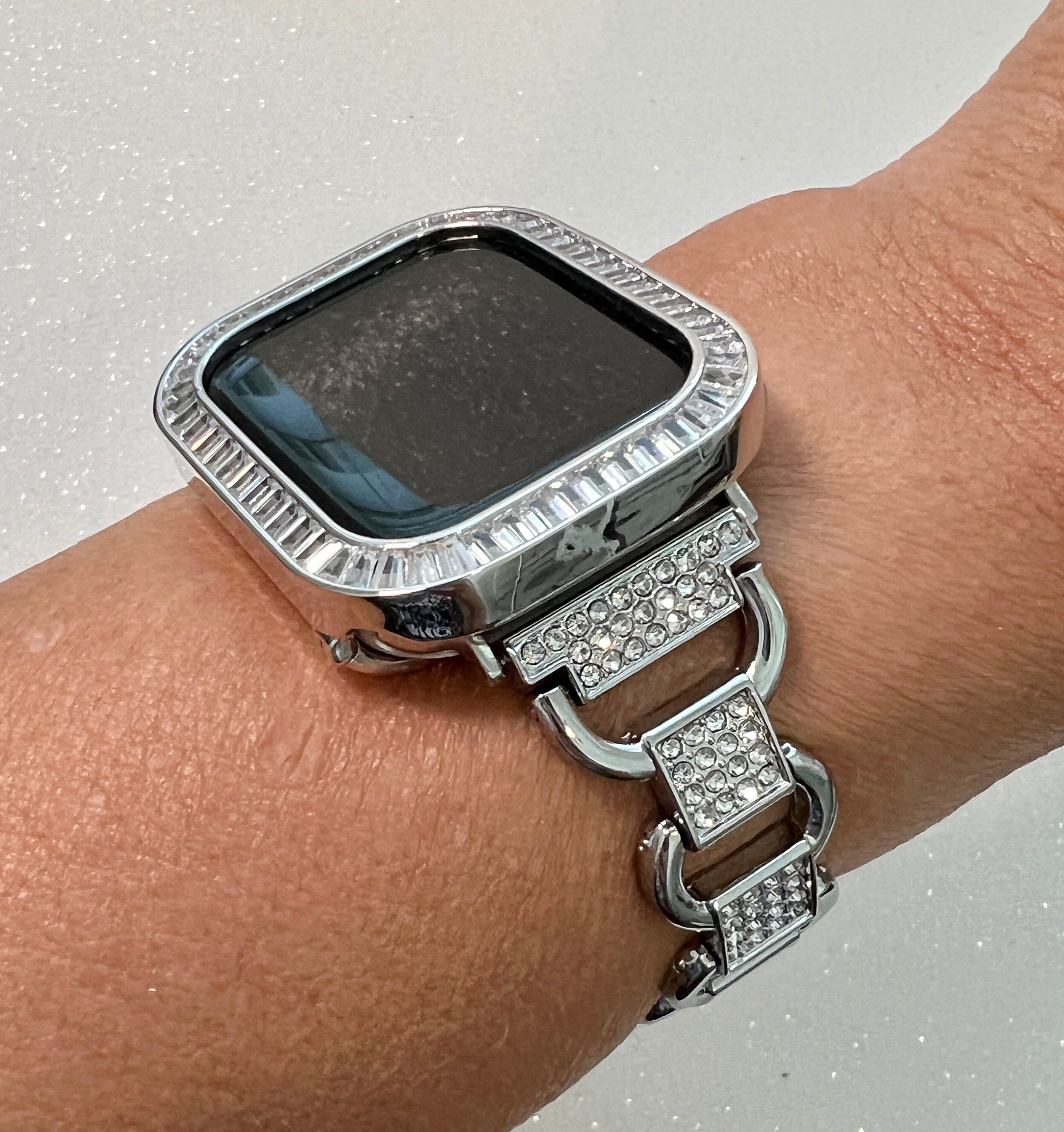 Apple Watch Band Women Silver Link Bracelet with Crystals & or Apple Watch Cover Baguettes Lab Diamond Iwatch Candy Bling 38-49mm