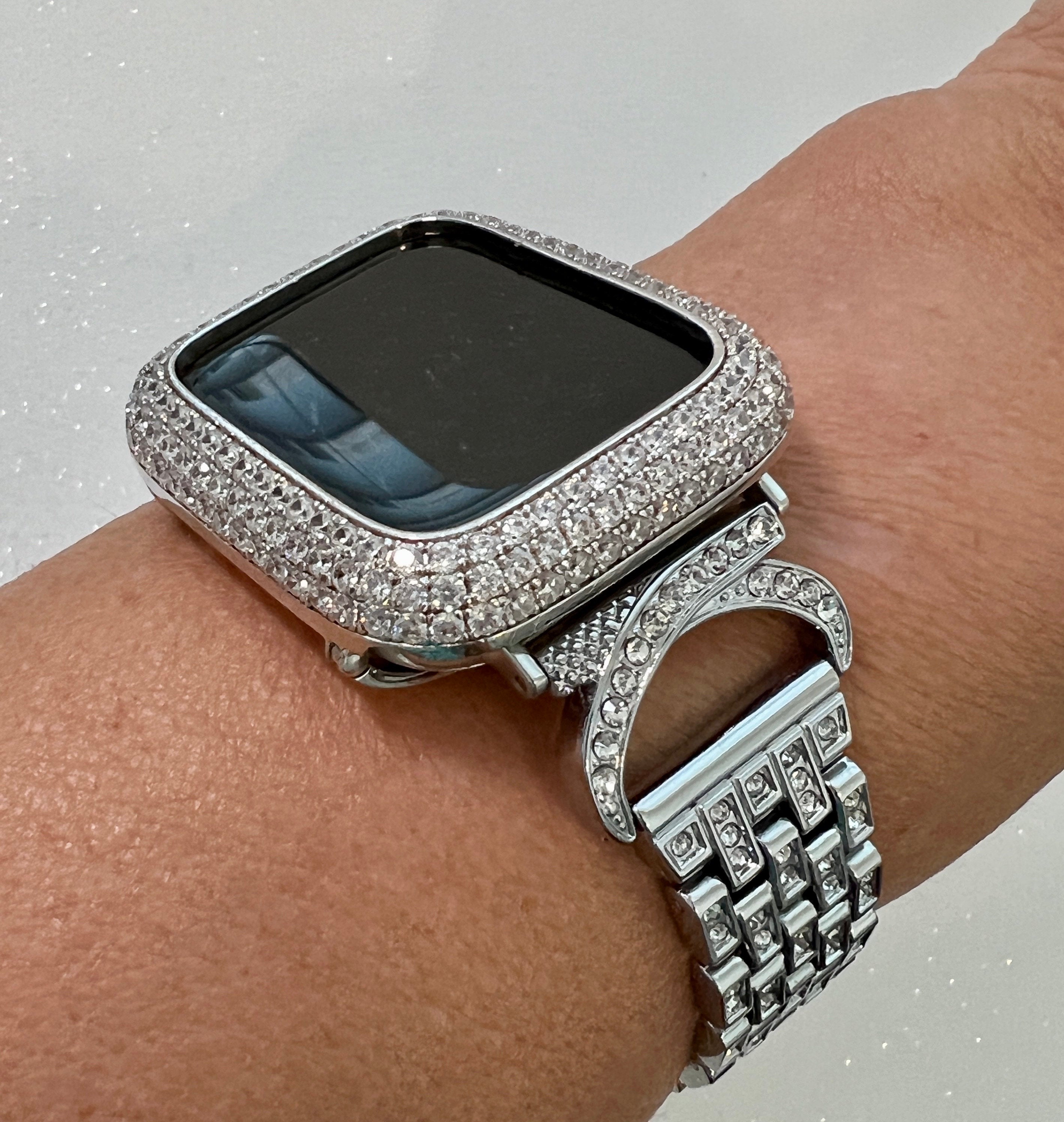 Swarovski Crystal Apple Watch Band Womens Silver Bracelet & or Apple Watch Cover Lab Diamond Bezel 38mm-49mm Ultra Iphone Watch Case