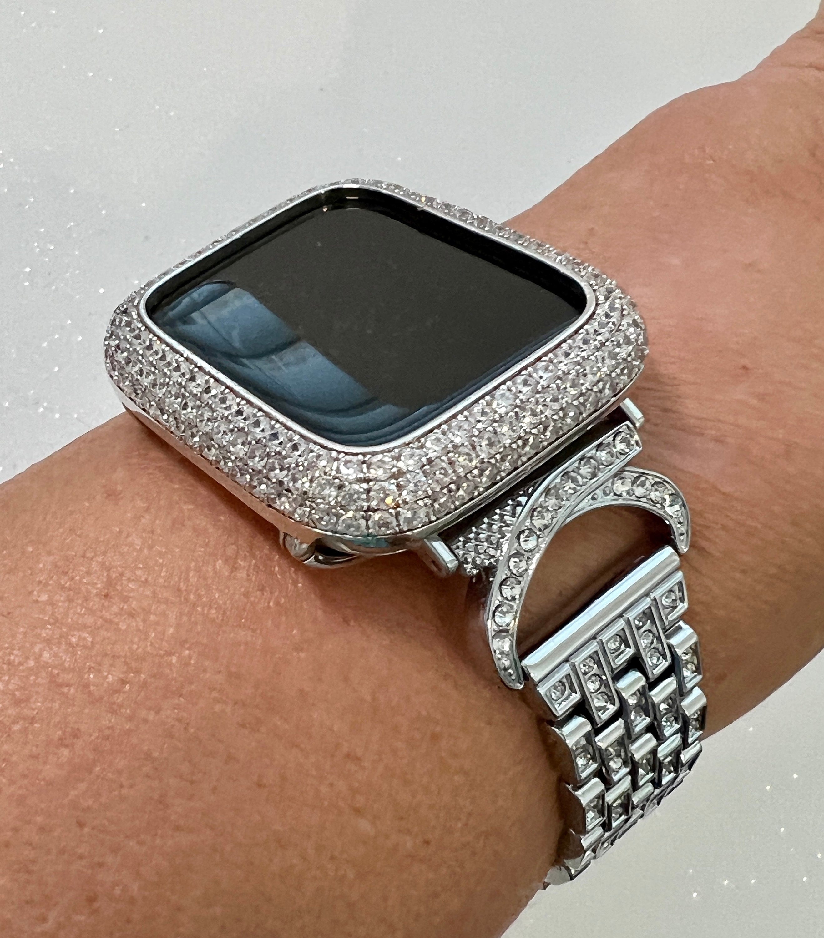 Designer Apple Watch Band Women 38 40 41 42 44 45 49mm Silver Swarovski Crystal & or Apple Watch Case Lab Diamond Bezel Apple Watch Cover