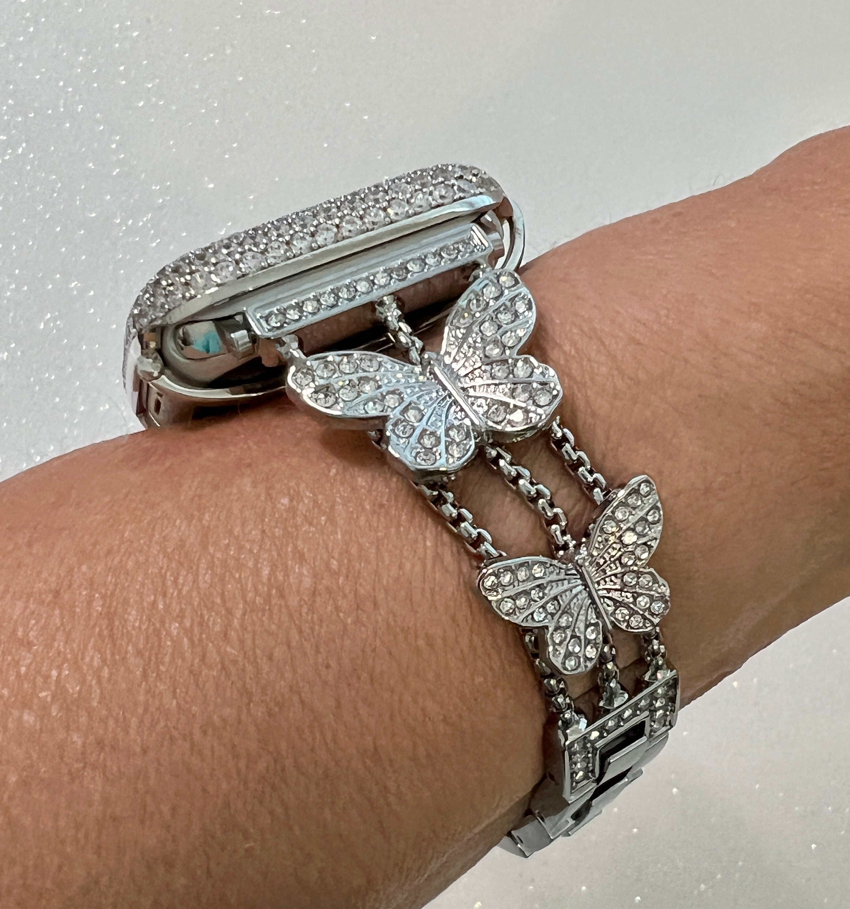 Butterfly Apple Watch Band 49mm Woman Silver Swarovski Crystal & or Apple Watch Case Pave Lab Diamonds Apple Watch Cover Iwatch Candy Bling