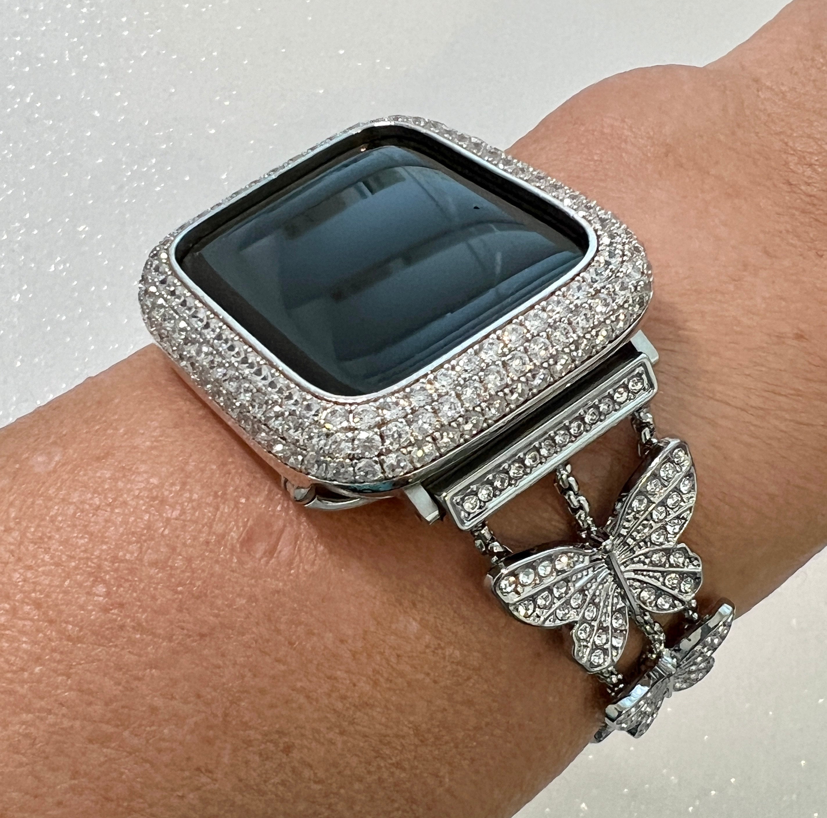 Butterfly Apple Watch Band 49mm Woman Silver Swarovski Crystal & or Apple Watch Case Pave Lab Diamonds Apple Watch Cover Iwatch Candy Bling