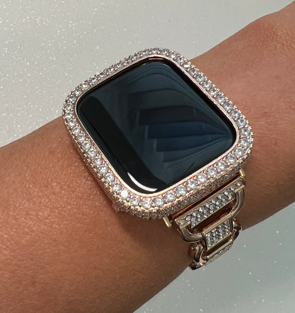 Designer Rose Gold Apple Watch Band Swarovski Crystals or Apple Watch Case with 2.5mm Lab Diamonds Protective Bumper Case from Iwatch Candy sizes 38mm to 49mm Ultra.