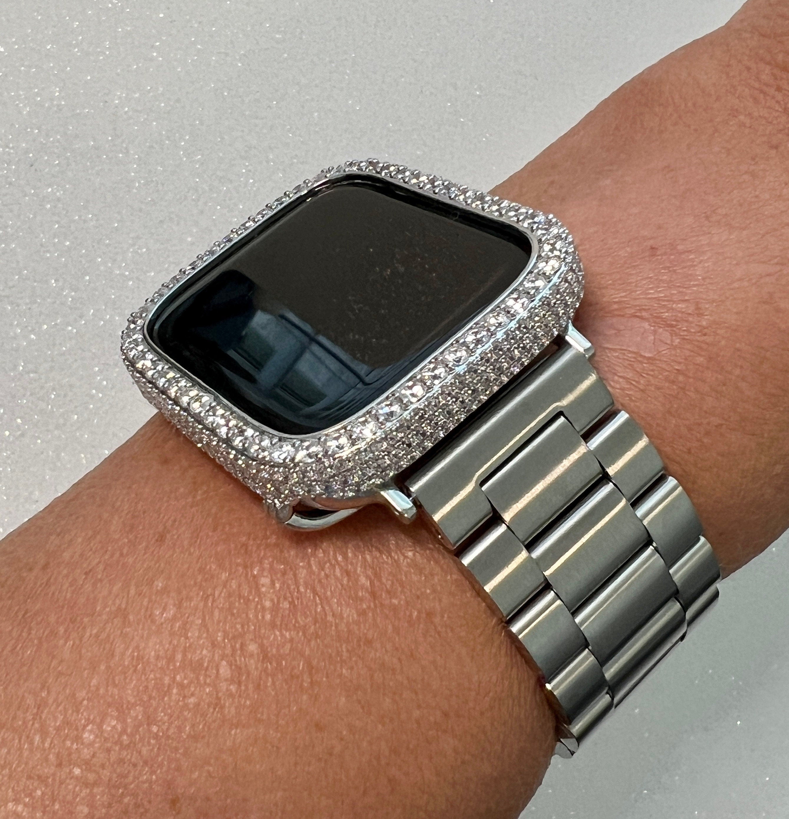 49mm Ultra Apple Watch Band Silver Stainless Steel & or Apple Watch Case 2.5mm Lab Diamond Bezel Cover 38mm-45mm Iwatch Candy Bling Series 9