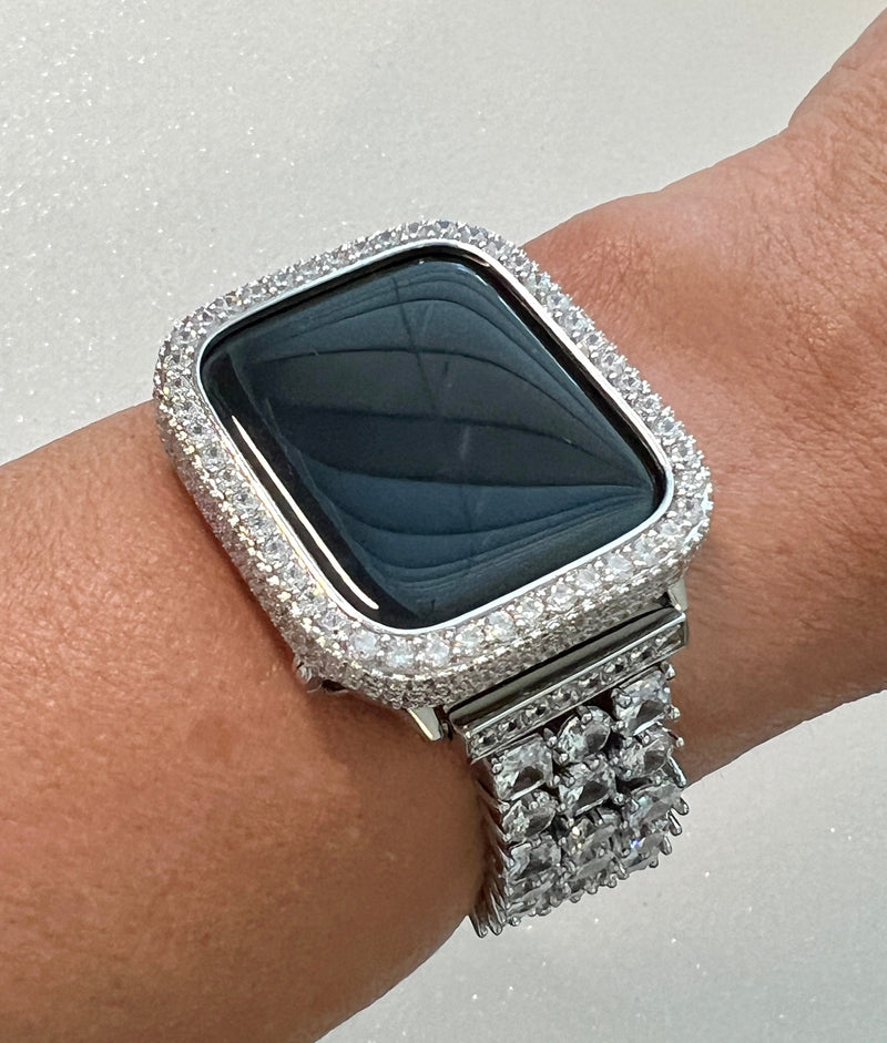 White Gold Apple Watch Band Silver Woman Crystal Bracelet & Or Apple Watch Case Lab Diamond Bezel Cover Iwatch Candy 38mm-49mm